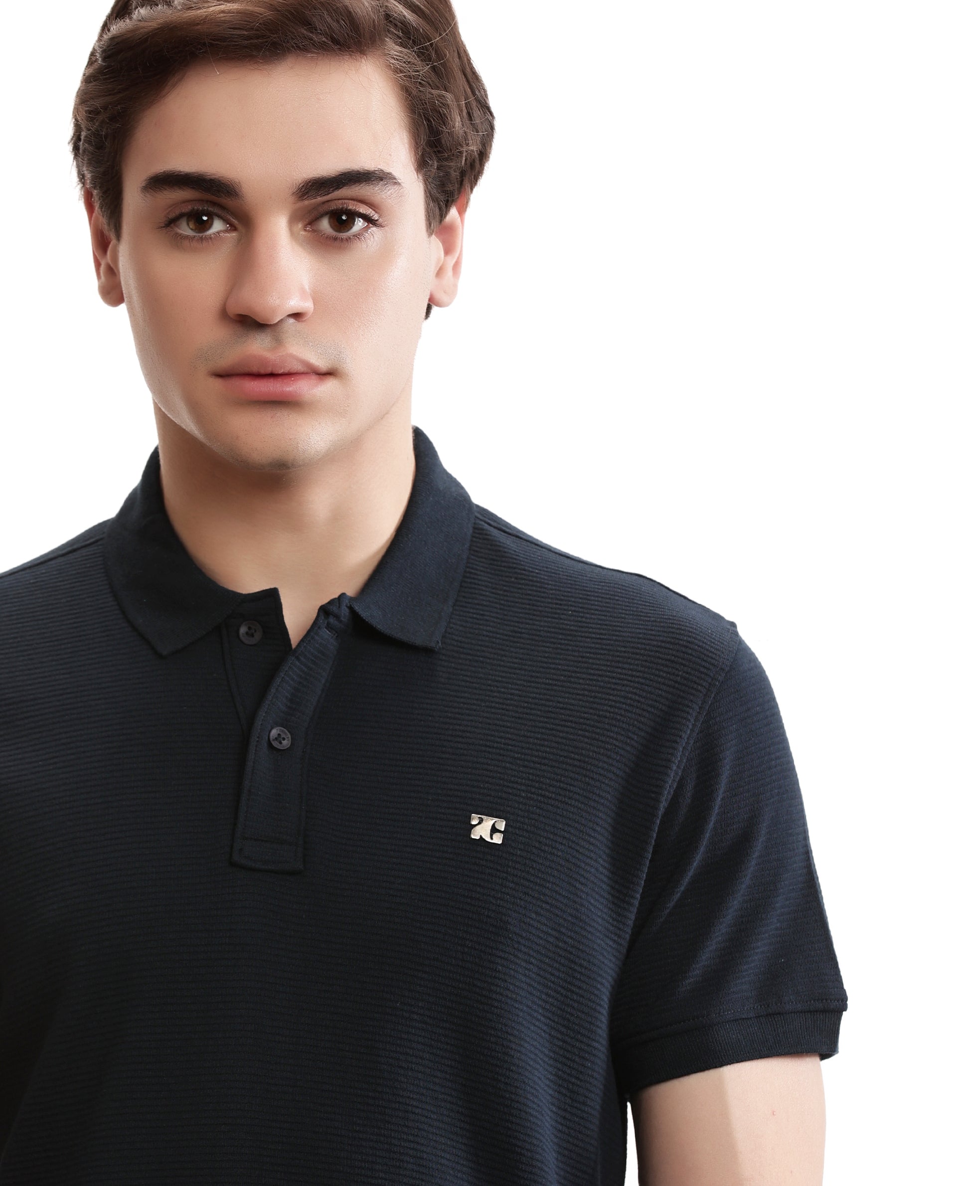 Midnight Navy Blue Knitted Ottoman Polo with 7C Metal Insignia
