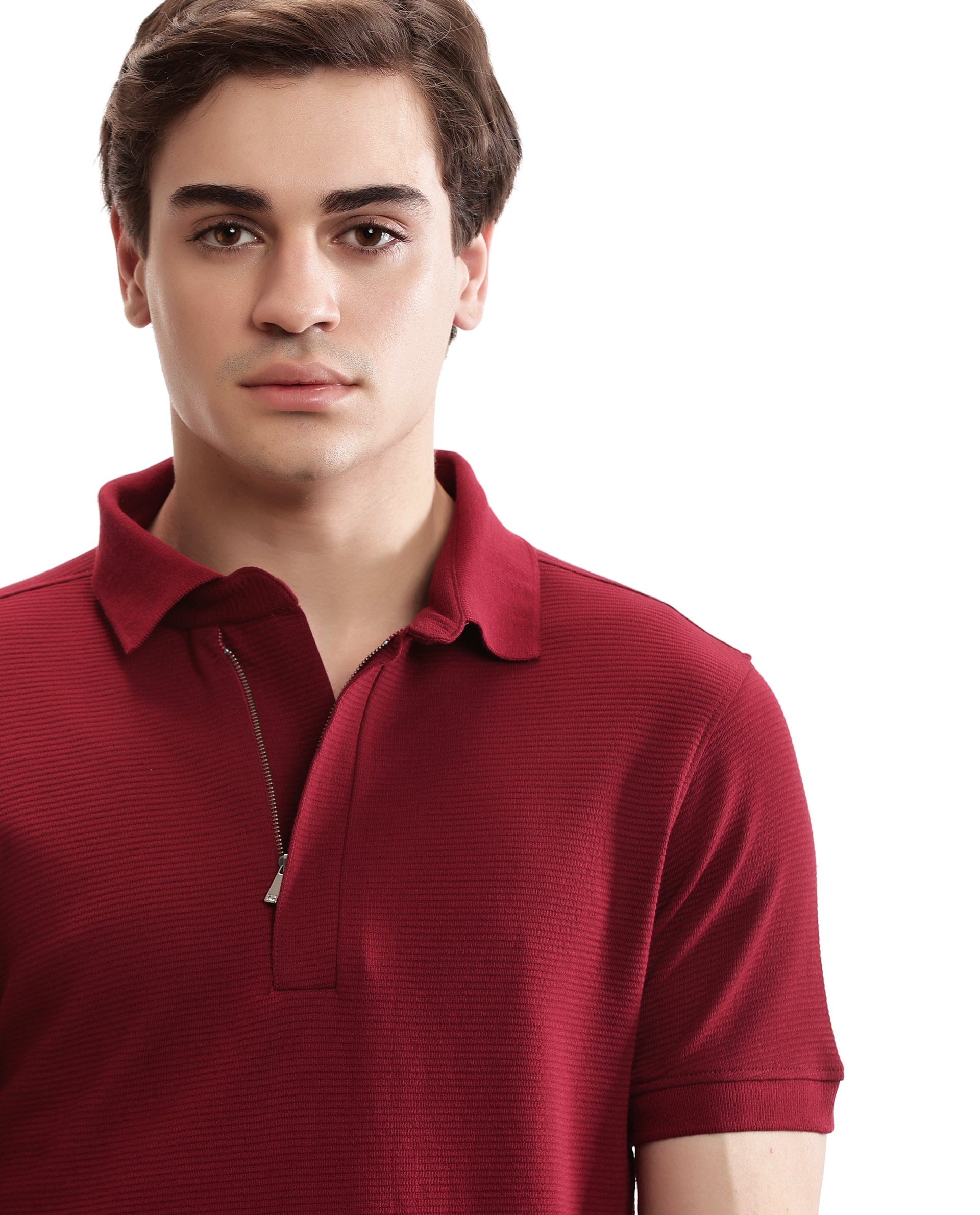 Bordeaux Maroon Knitted Ottoman Polo with 7C Metal Zip