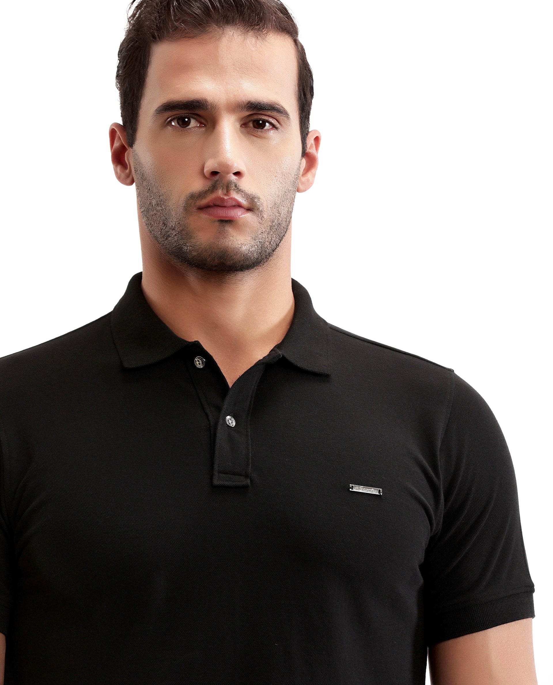 Charcoal Black Pique Polo with Metal Buttons, 7C Metal Badge