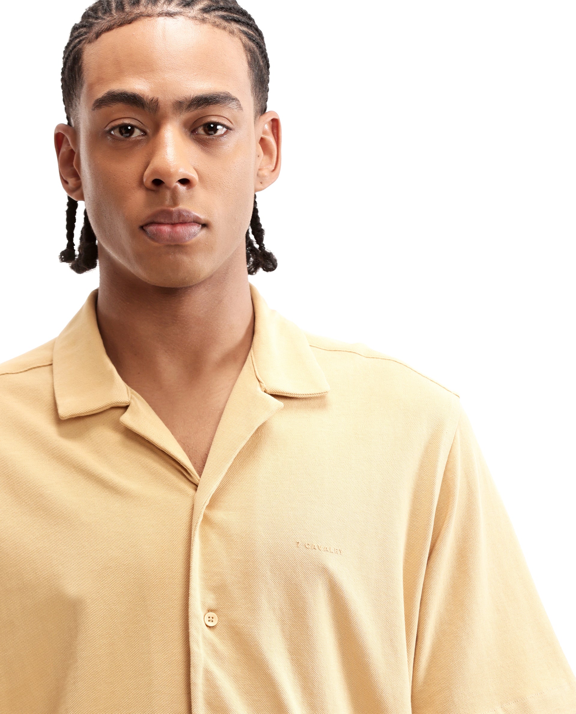 Camel Beige Pique Knit Shirt with HD Print
