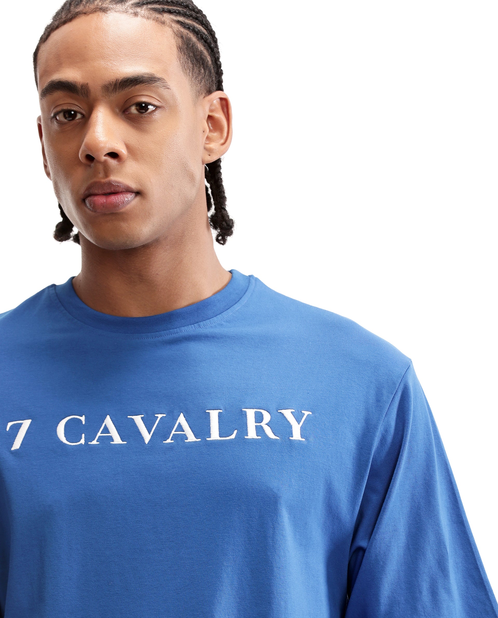 Imperial Prussian Blue Single Jersey Crew Neck Oversized T-Shirt with Pure White Embroidery