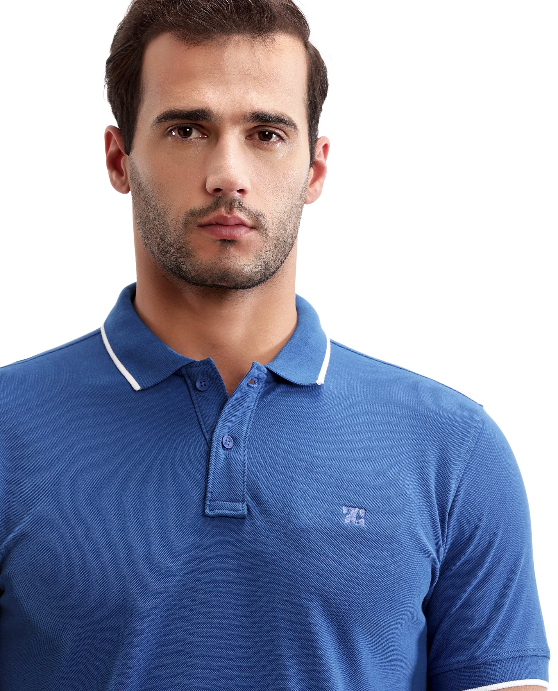 Imperial Prussian Blue Pique Polo with White Collar Piping, Tone-on-Tone 7C Embroidery