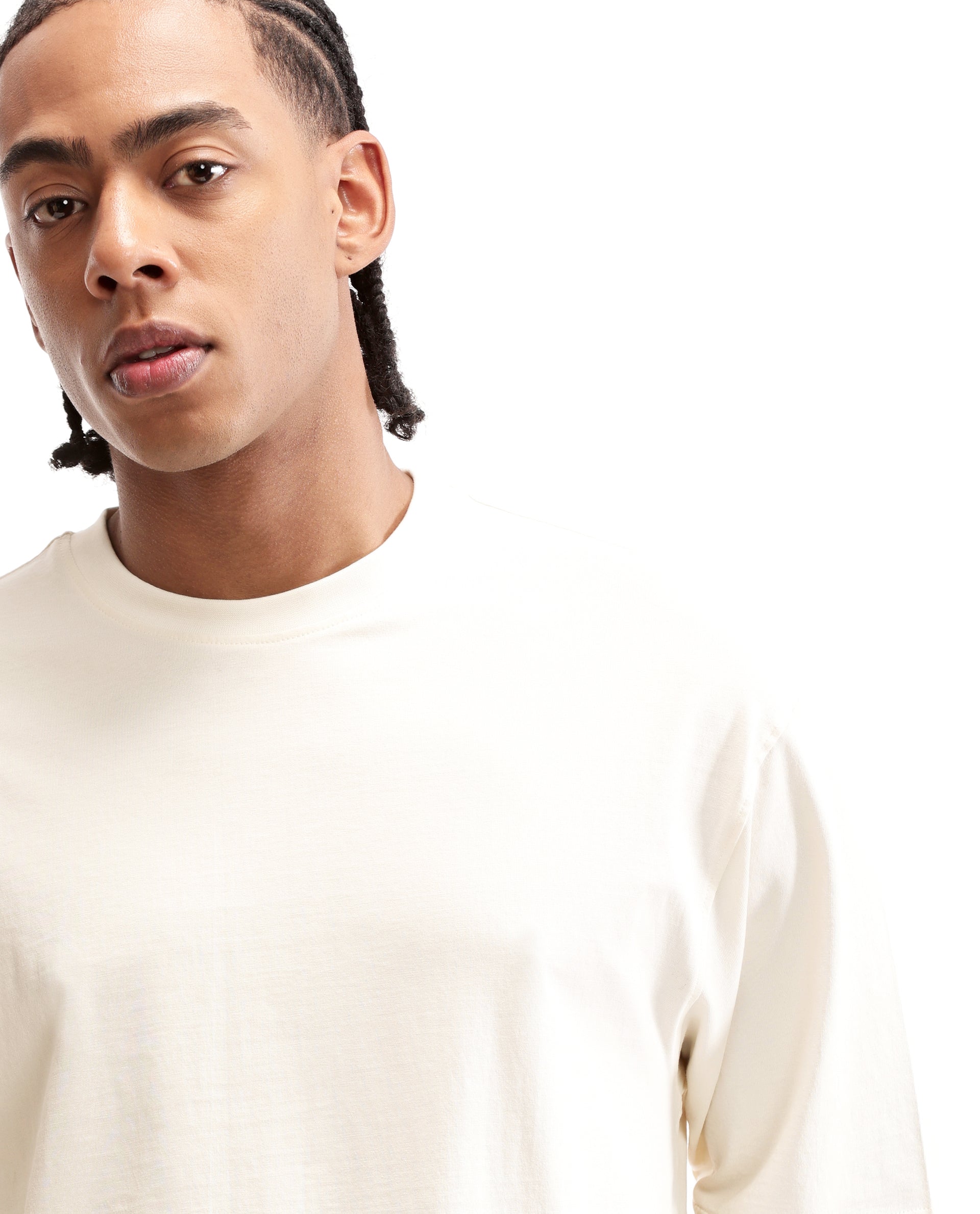Ivory White Single Jersey Crew Neck Oversized T-Shirt