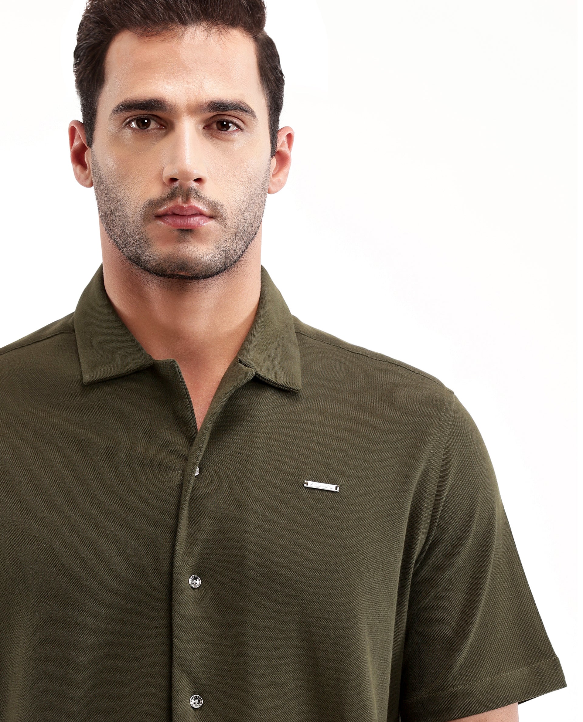 Vintage Olive Pique Knit Shirt with 7C Metal Buttons, Gun Metal Badge