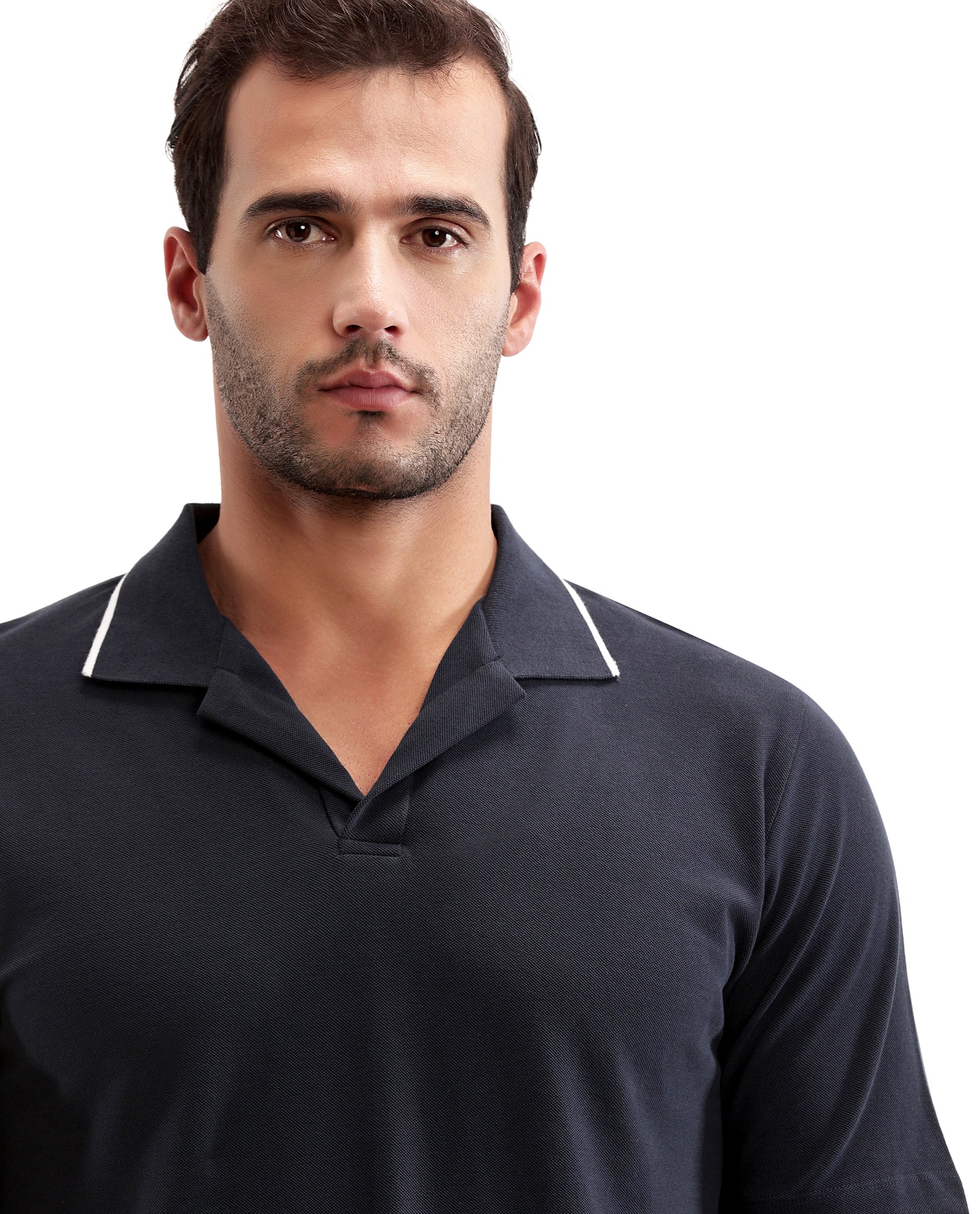 Midnight Navy Blue Johnny Collar Pique Polo with White Collar Piping