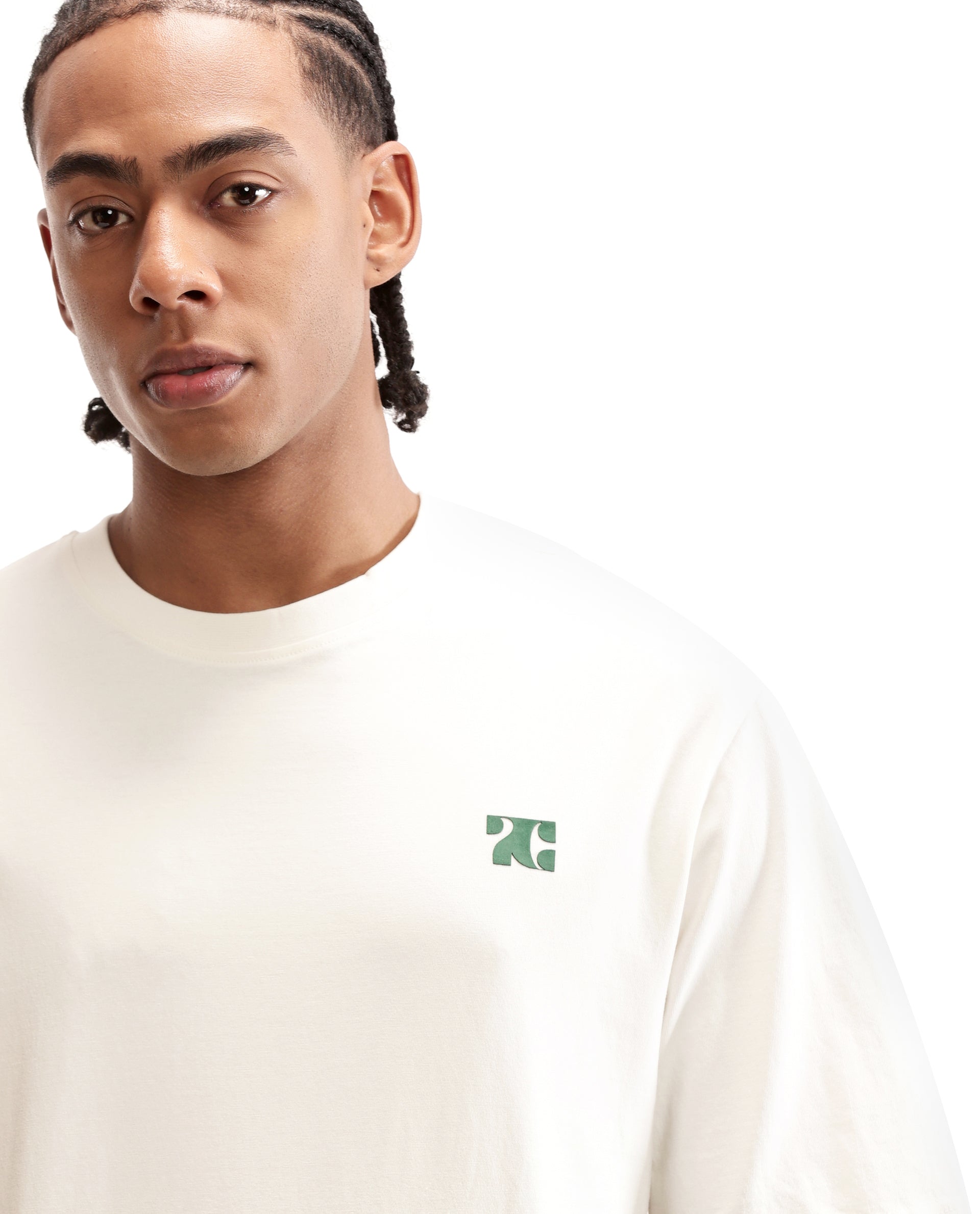 Ivory White Single Jersey Crew Neck Oversized T-Shirt with Deep Forest Green HD Print