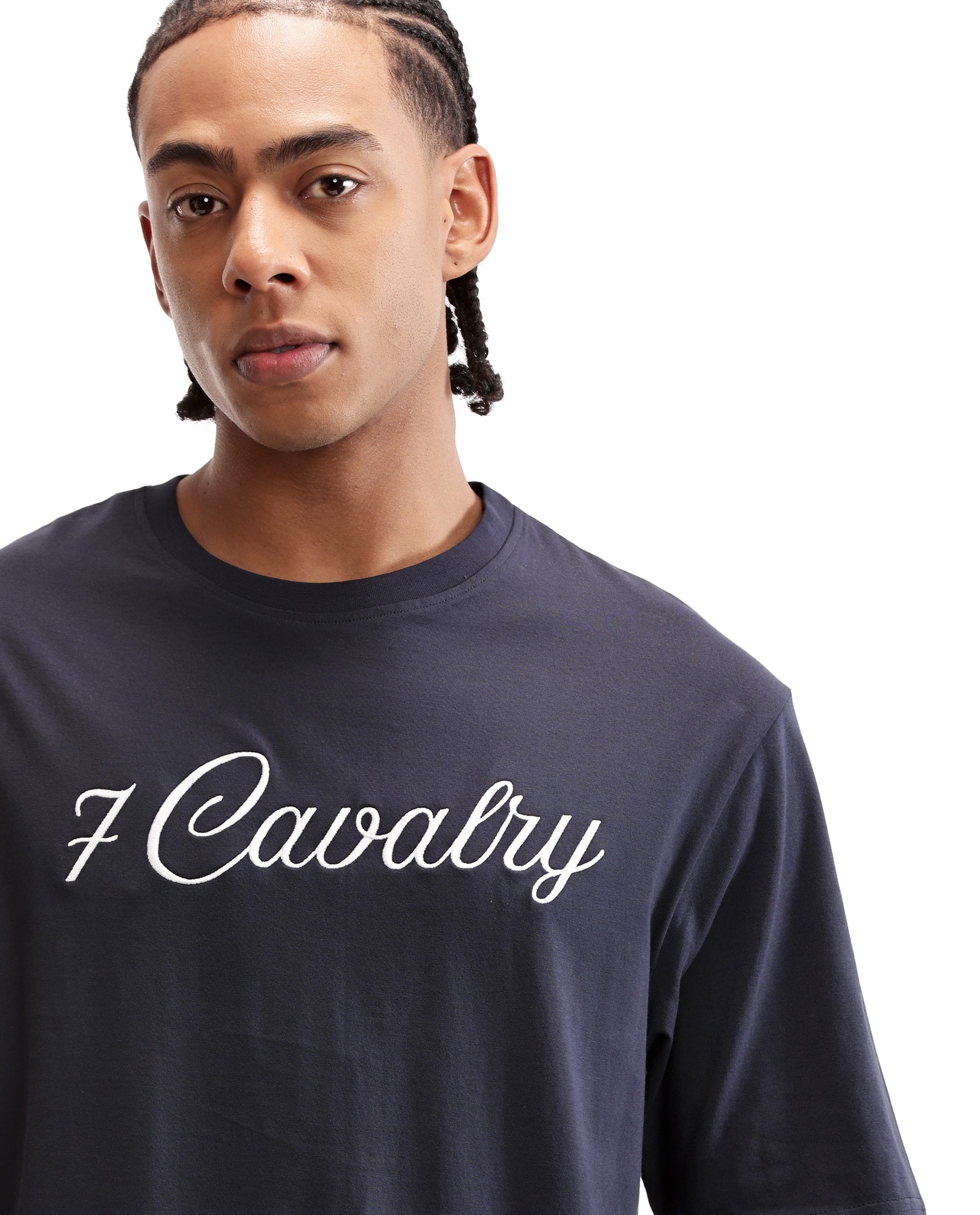Midnight Navy Blue Single Jersey Crew Neck Oversized T-Shirt with Pure White Embroidery