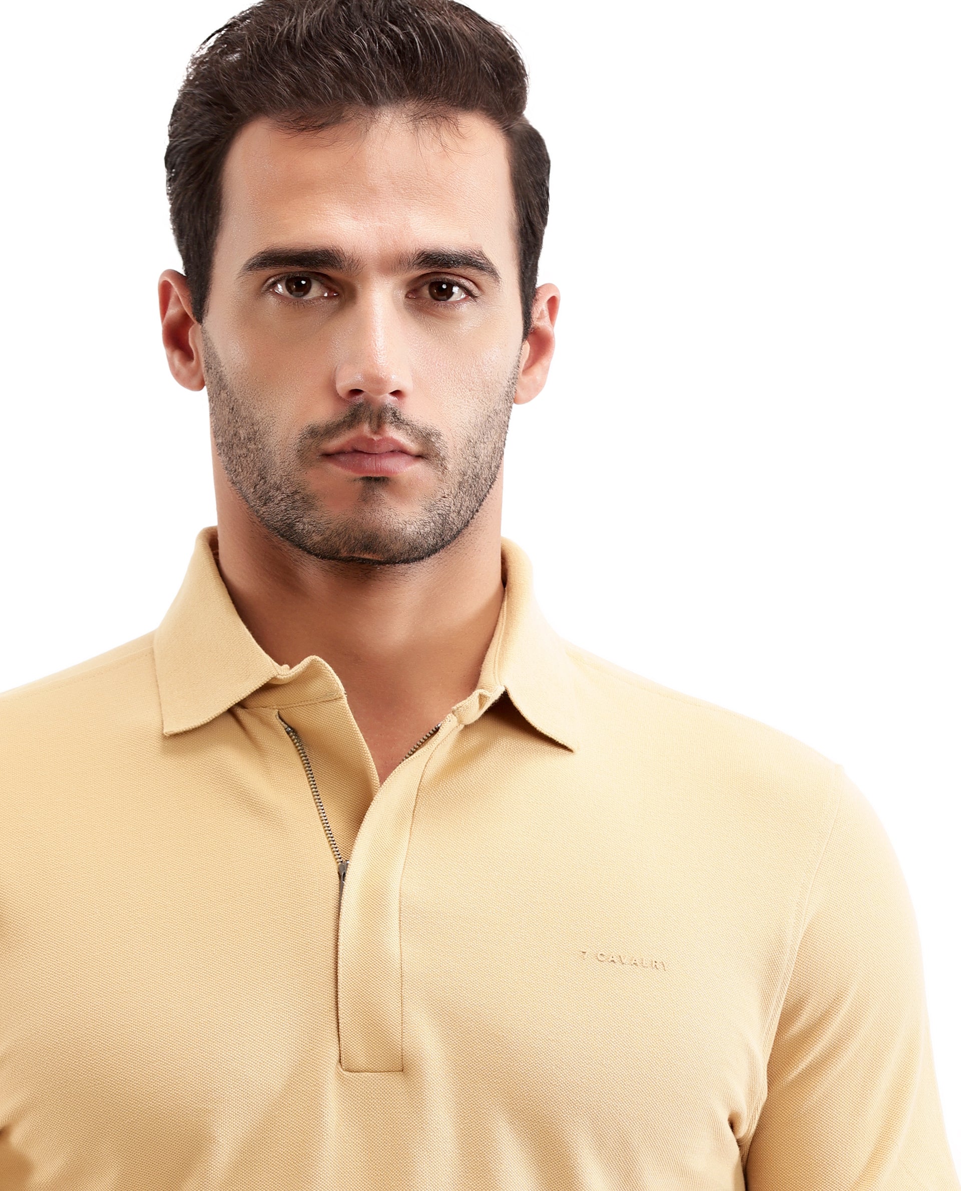 Camel Beige Solid Polo with Concealed 7C Metal Zip, HD Print