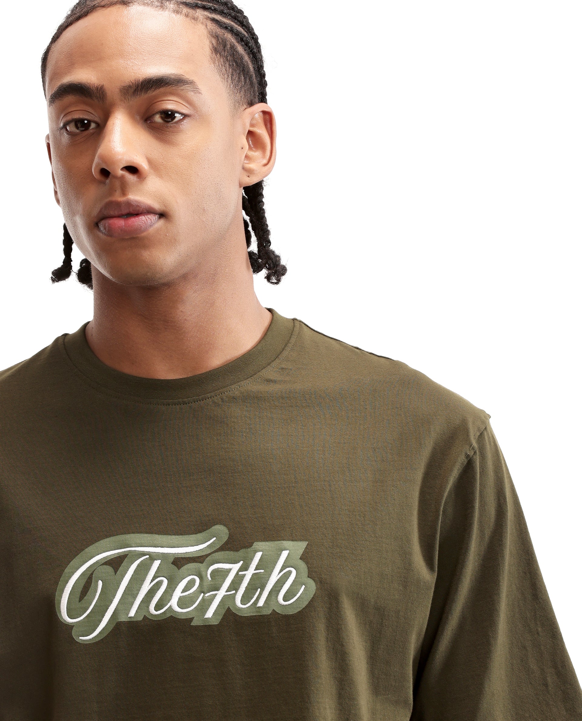 Vintage Olive Single Jersey Crew Neck Oversized T-Shirt with Light Olive Print & Pure White 7C Embroidery