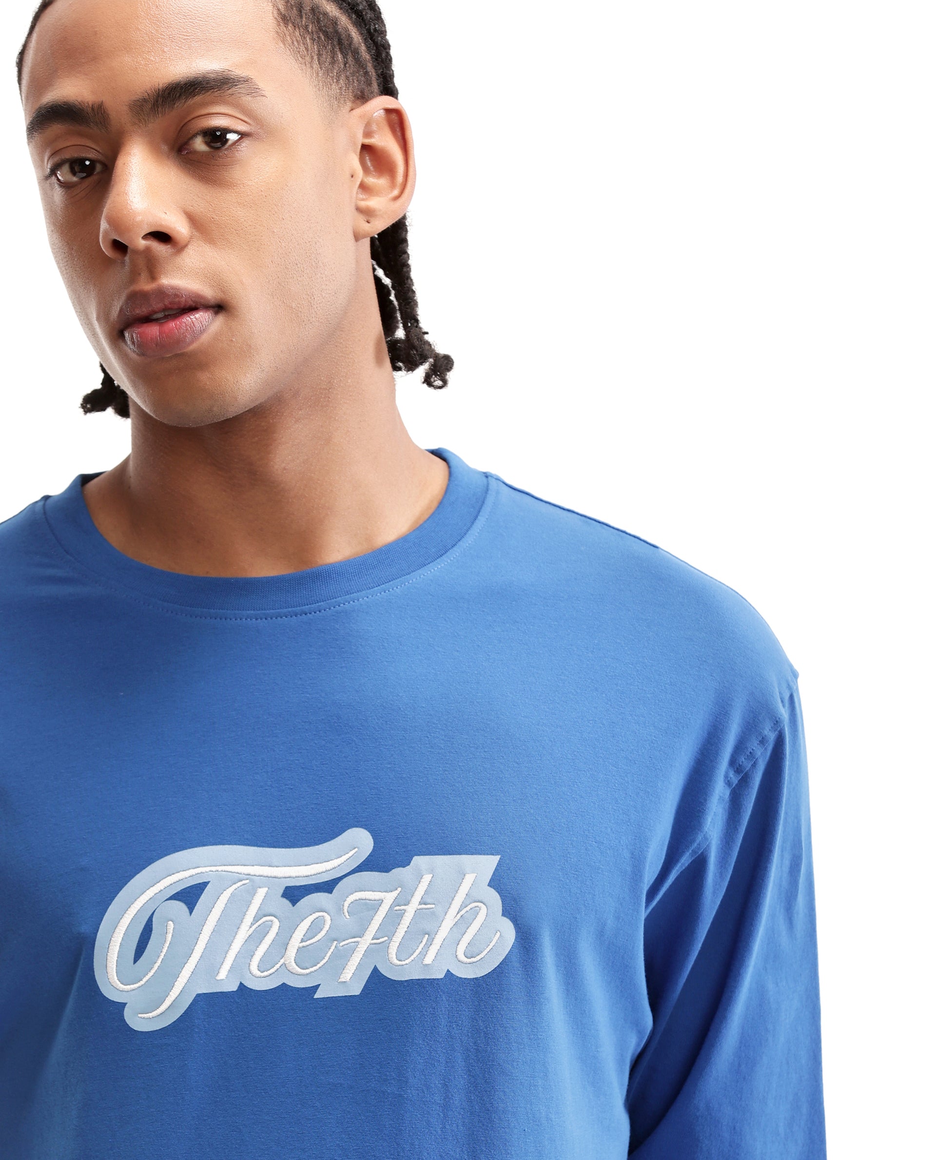 Imperial Prussian Blue Single Jersey Crew Neck Oversized T-Shirt with Light Blue Print & Pure White 7C Embroidery