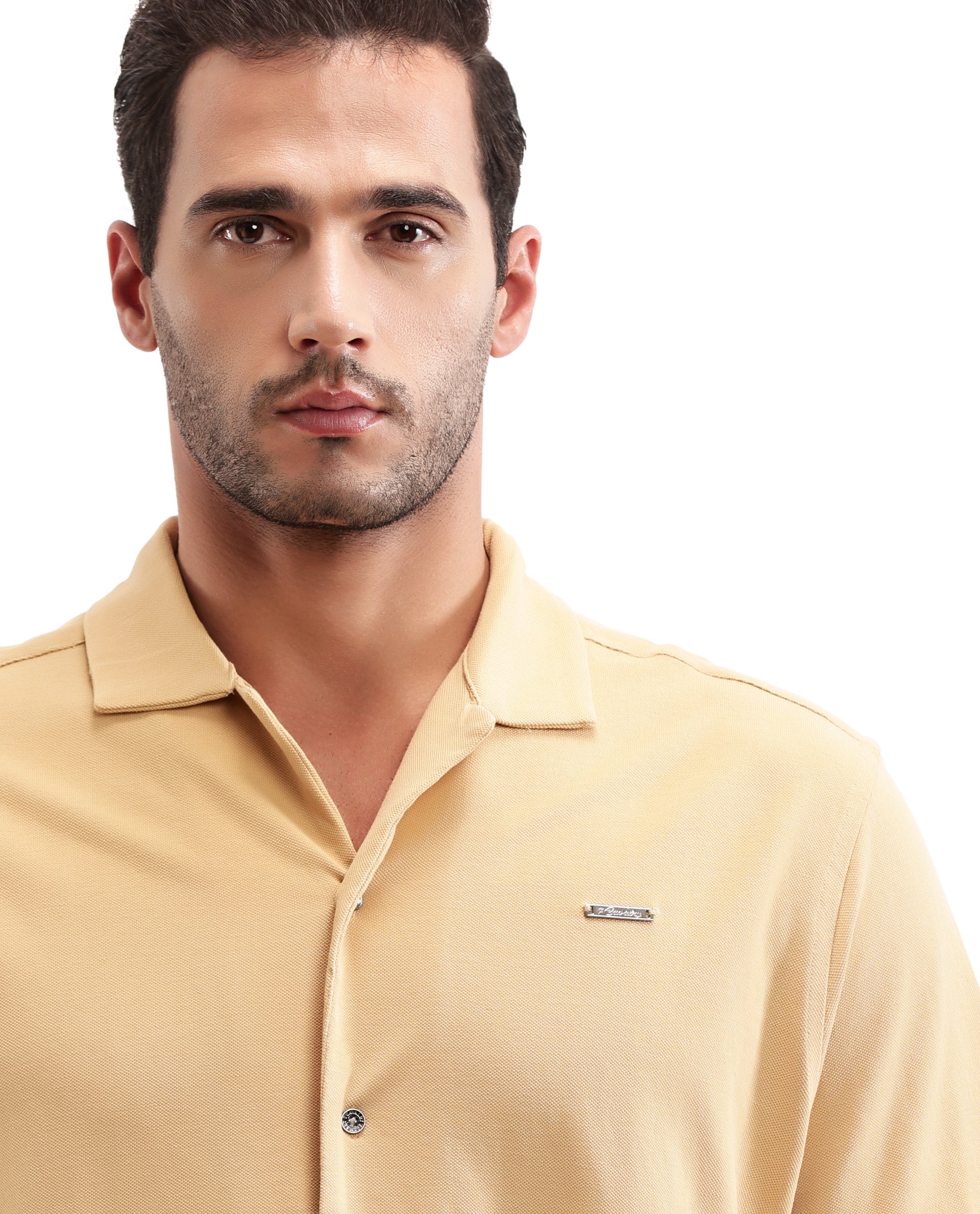 Camel Beige Pique Knit Shirt with 7C Metal Buttons, Gun Metal Badge