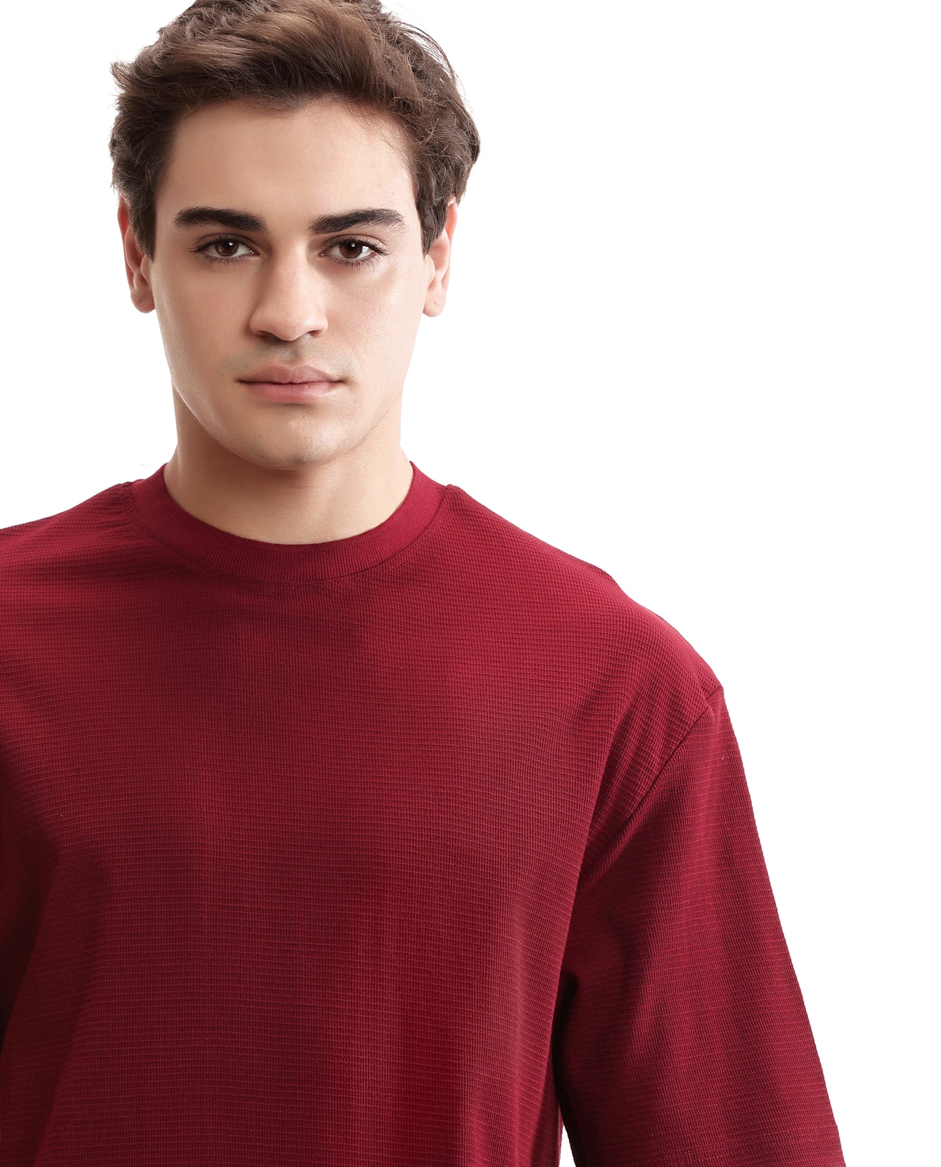 Bordeaux Maroon Knitted Waffle Crew Neck Oversized T-Shirt