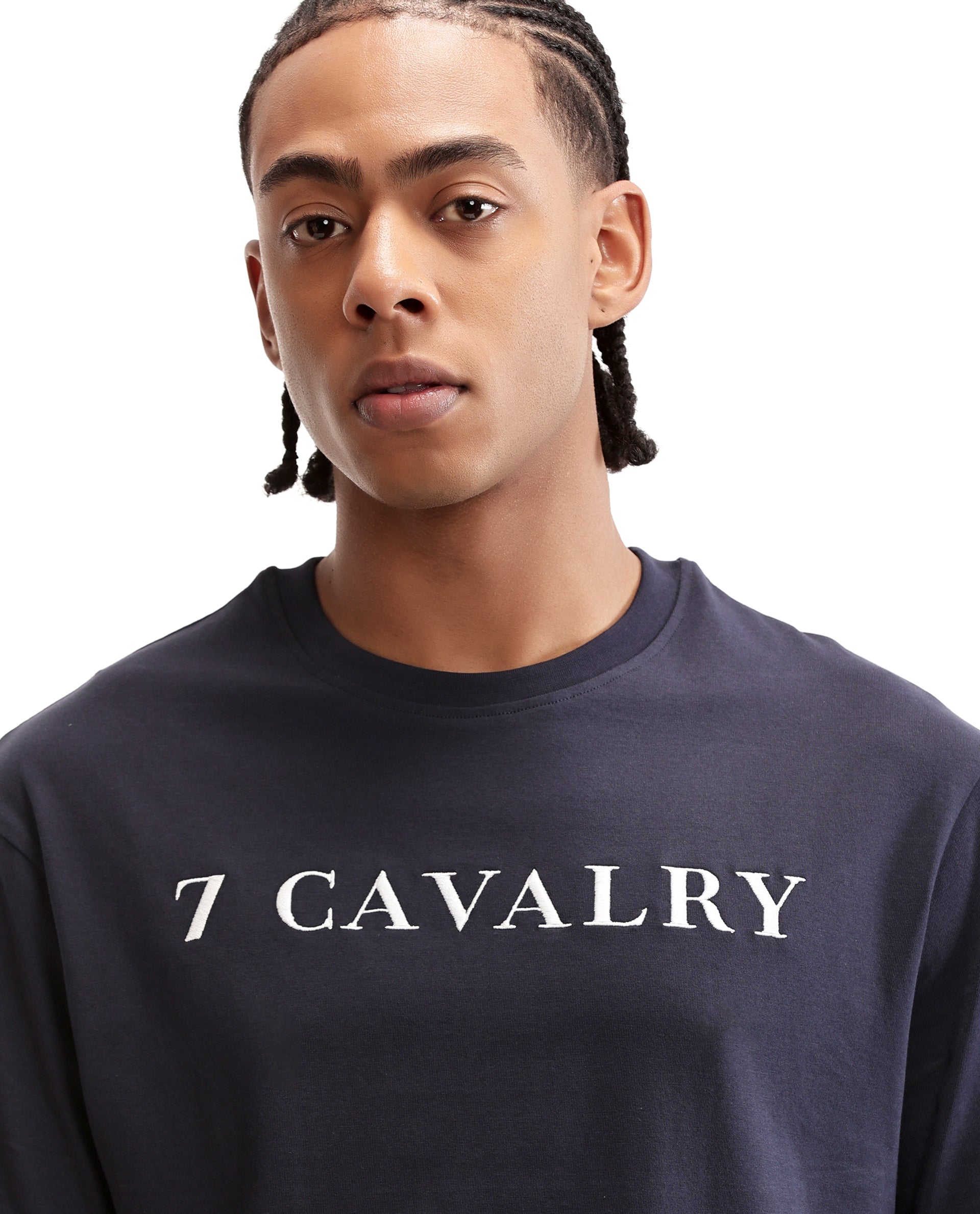 Midnight Navy Blue Single Jersey Crew Neck Oversized T-Shirt with Pure White Embroidery