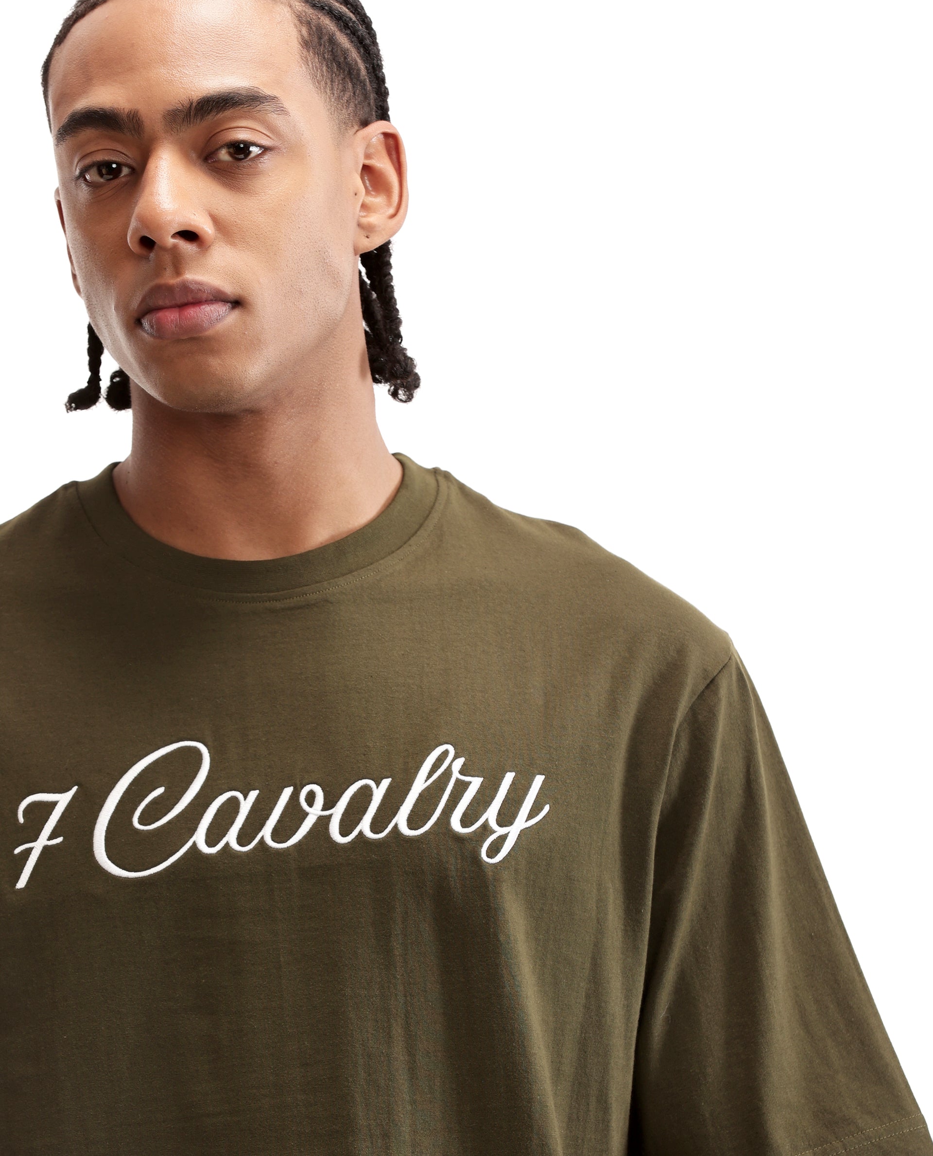 Vintage Olive Single Jersey Crew Neck Oversized T-Shirt with Pure White Embroidery
