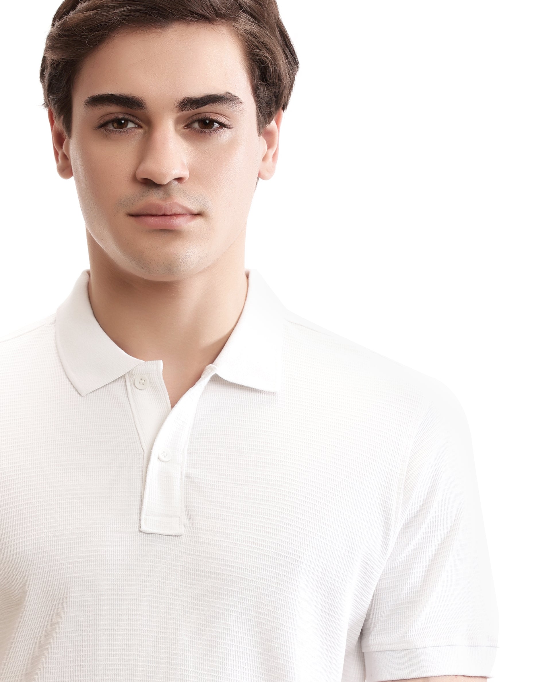 Pure White Knitted Waffle Polo with Ribbed Collar