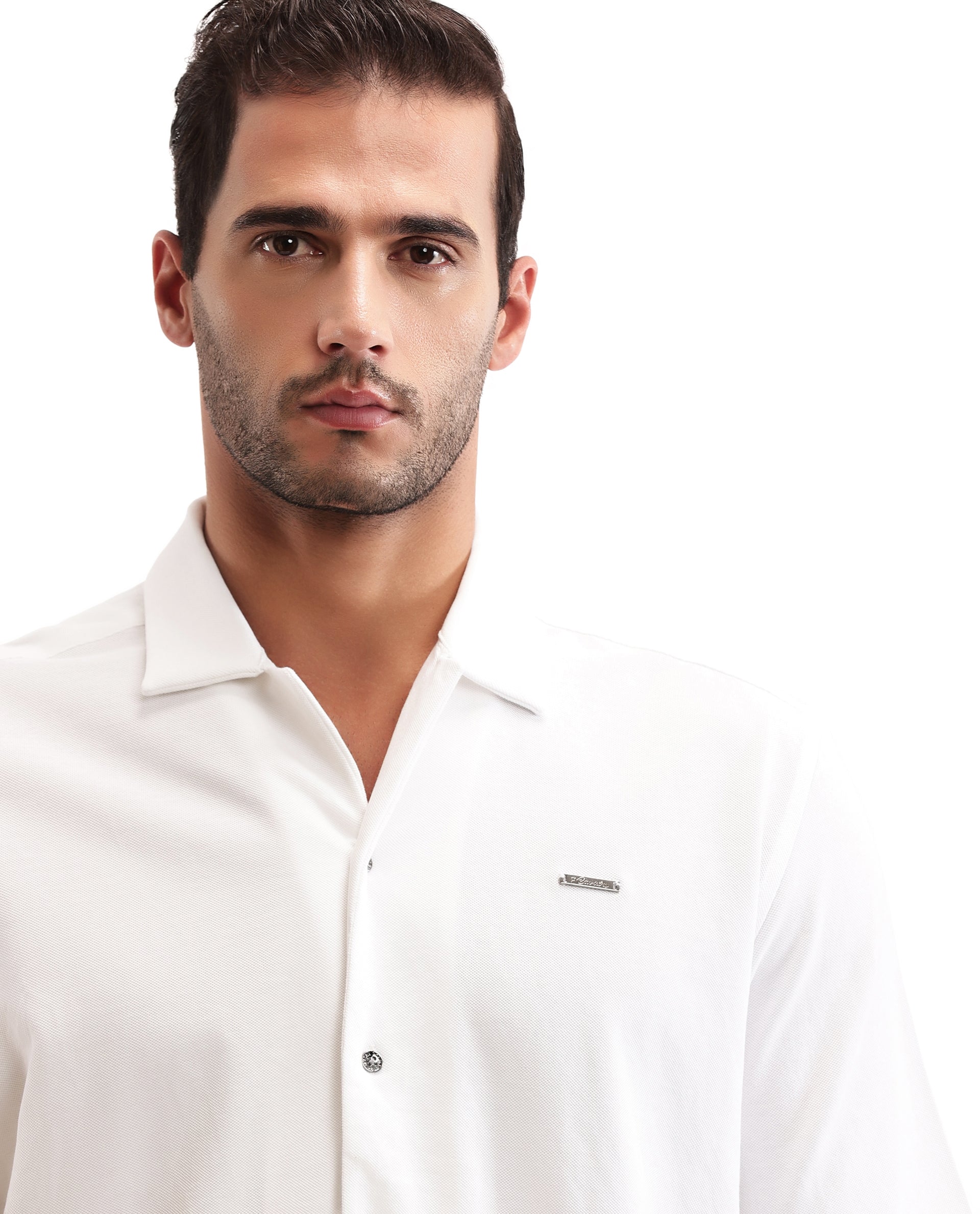 Pure White Pique Knit Shirt with 7C Metal Buttons, Gun Metal Badge