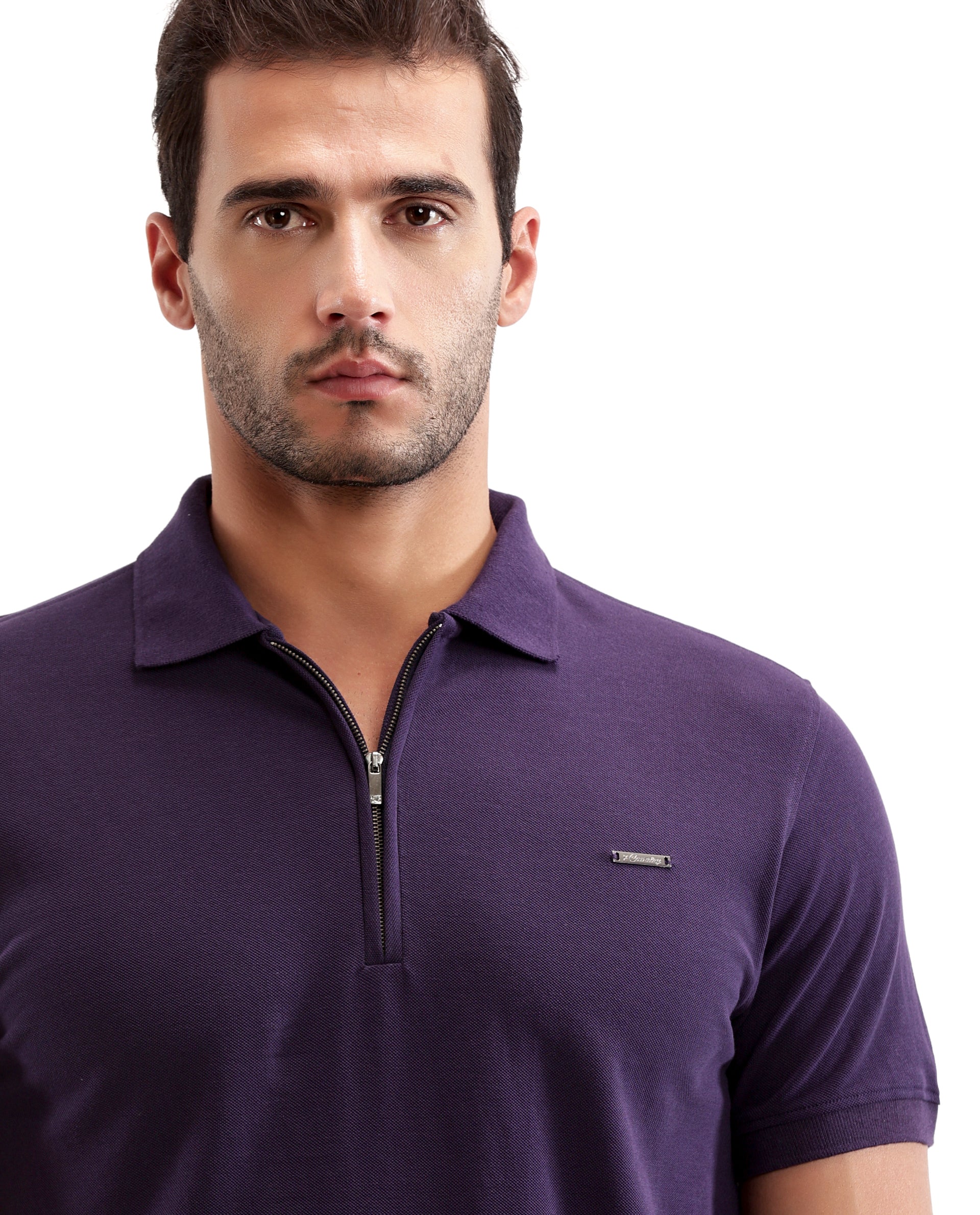 Deep Purple Pique Polo with 7C Metal Zip, Metal Badge