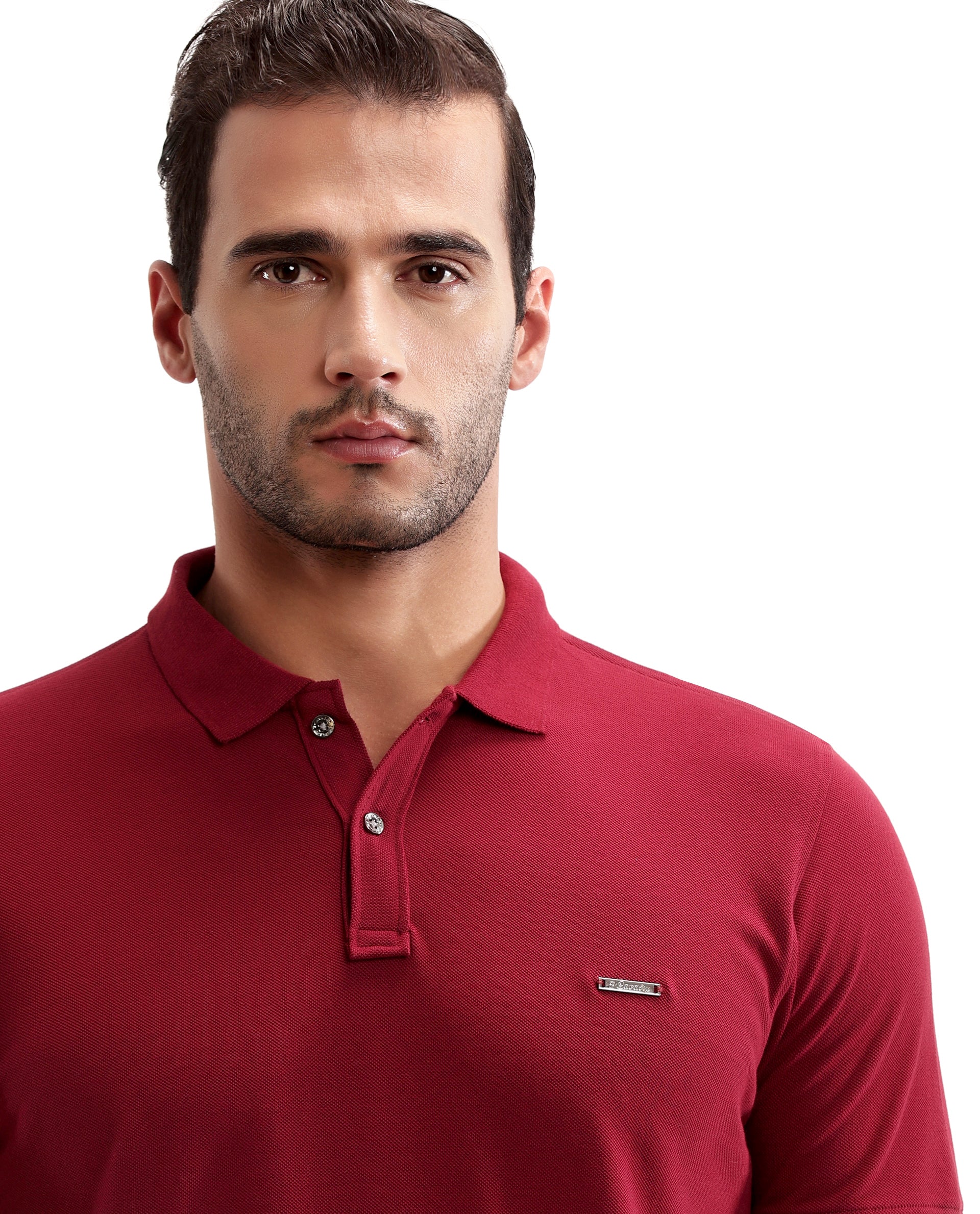 Bordeaux Maroon Pique Polo with Metal Buttons, 7C Metal Badge
