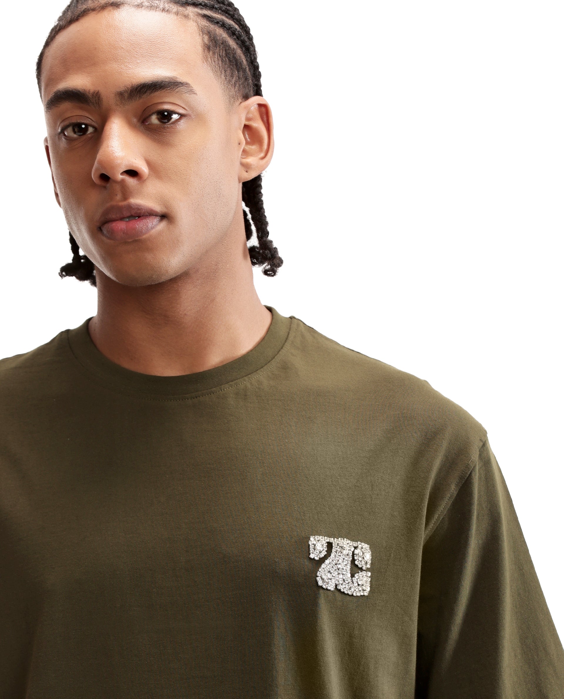 Vintage Olive Single Jersey Crew Neck Oversized T-Shirt with Crystal Finish Rhinestones