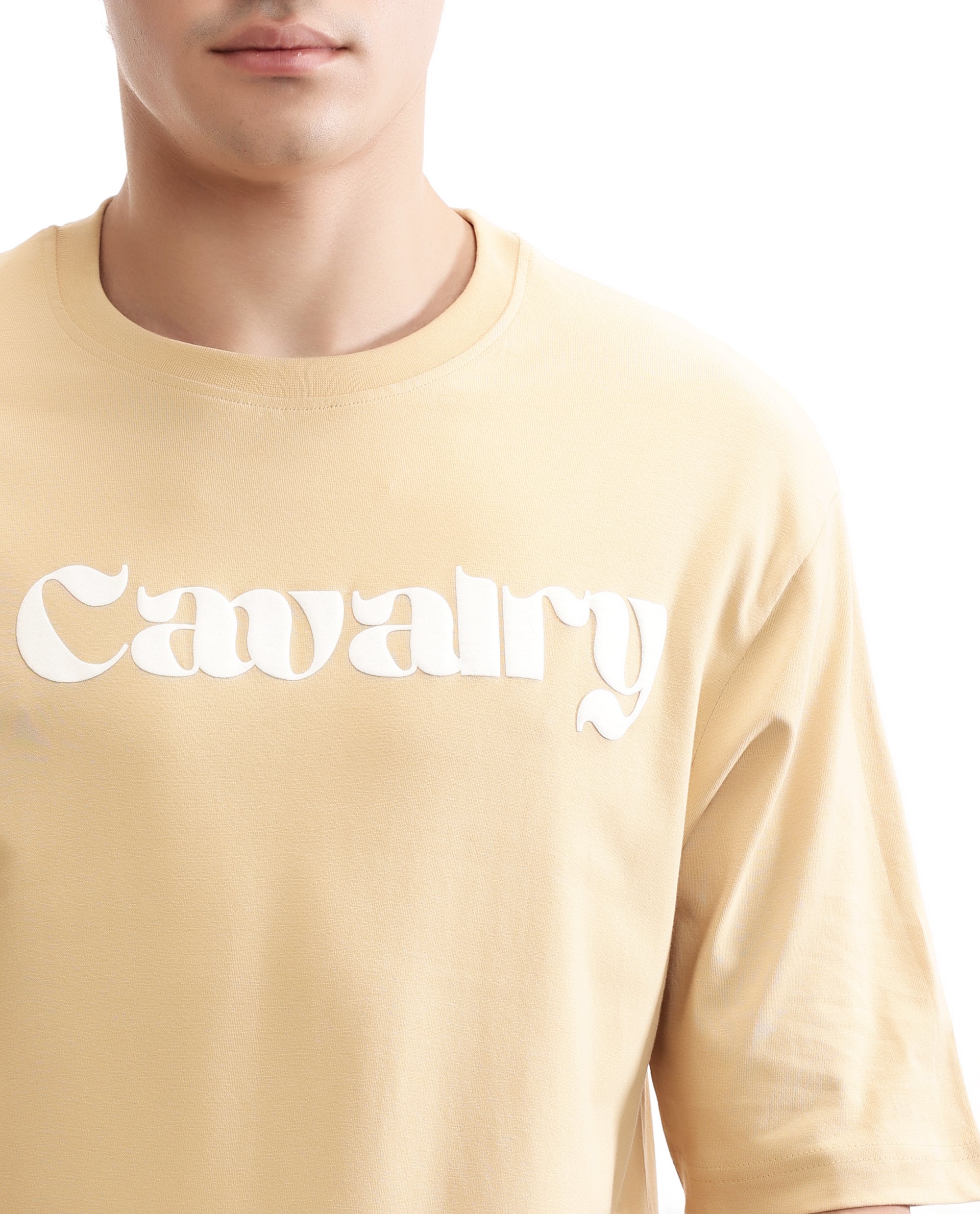 Camel Beige Single Jersey Crew Neck Oversized T-Shirt with Pure White Puff Print