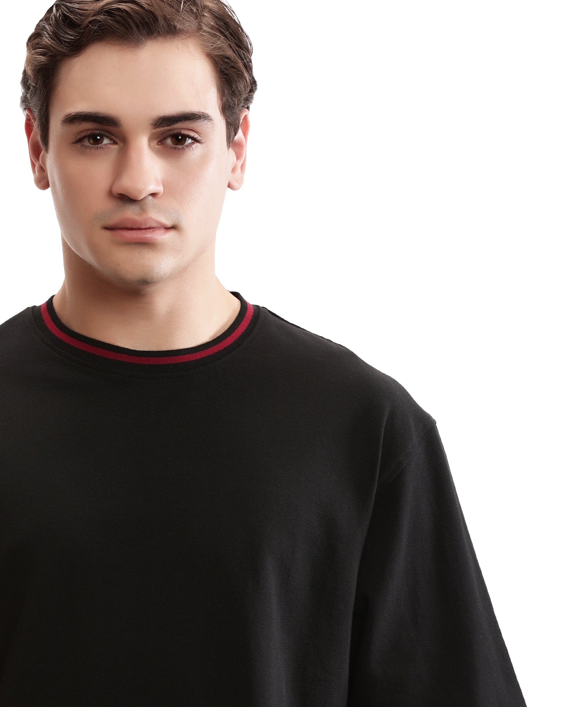 Charcoal Black Pique Crew Neck Oversized T-Shirt with Bordeaux Maroon Piping