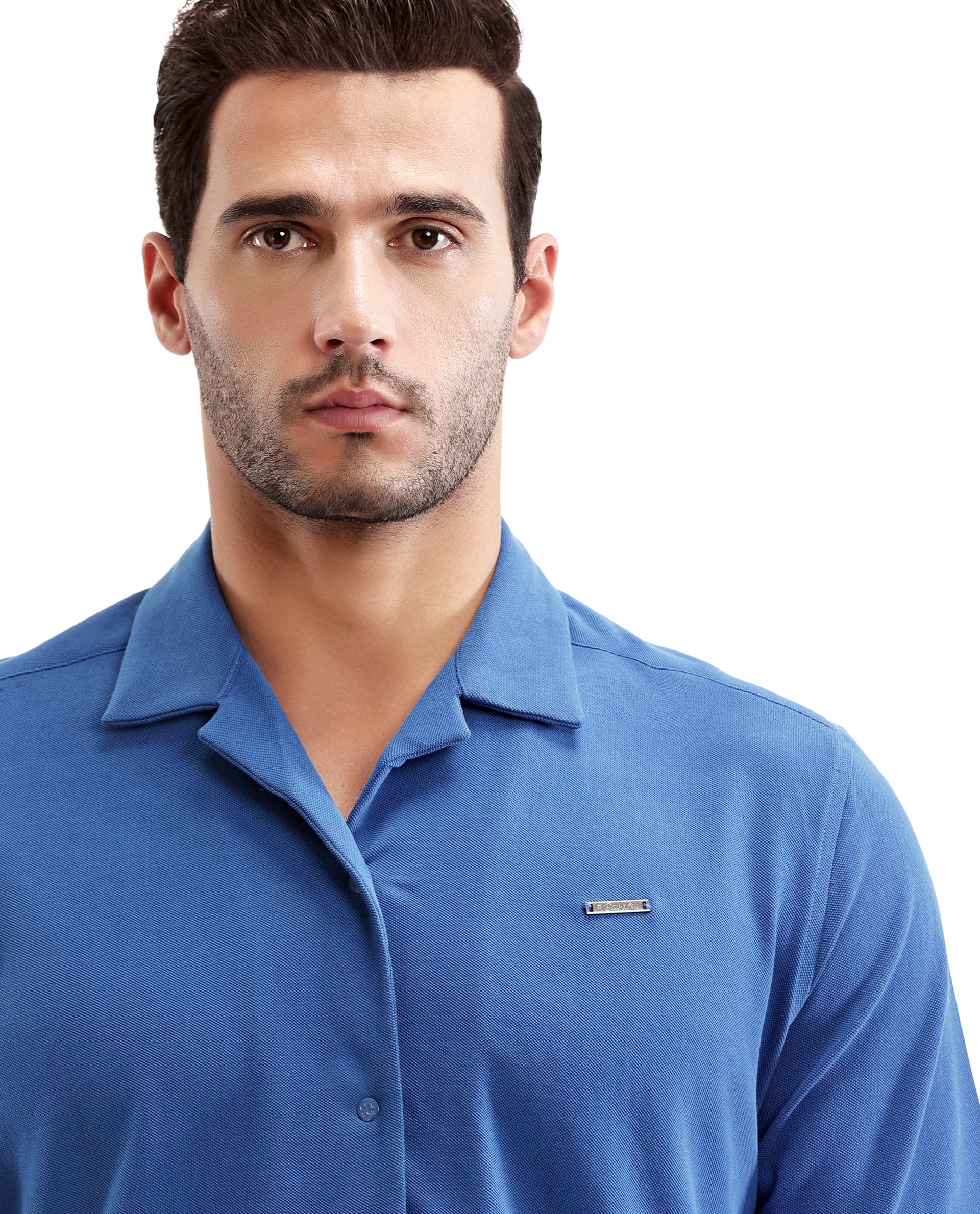 Imperial Prussian Blue Pique Knit Shirt with 7C Engraved Snap Buttons, Gun Metal Badge