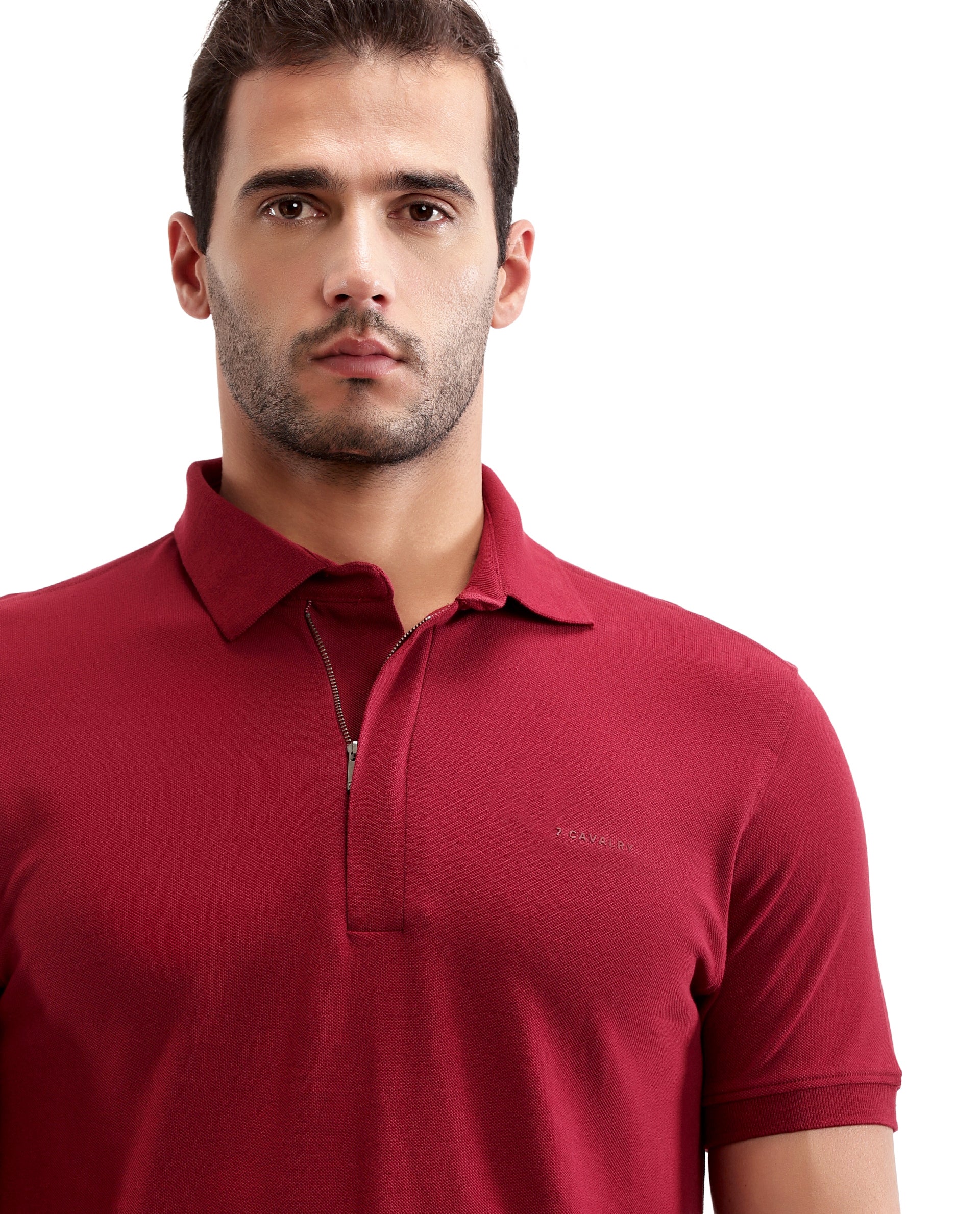 Bordeaux Maroon Pique Polo with Concealed 7C Metal Zip, HD Print
