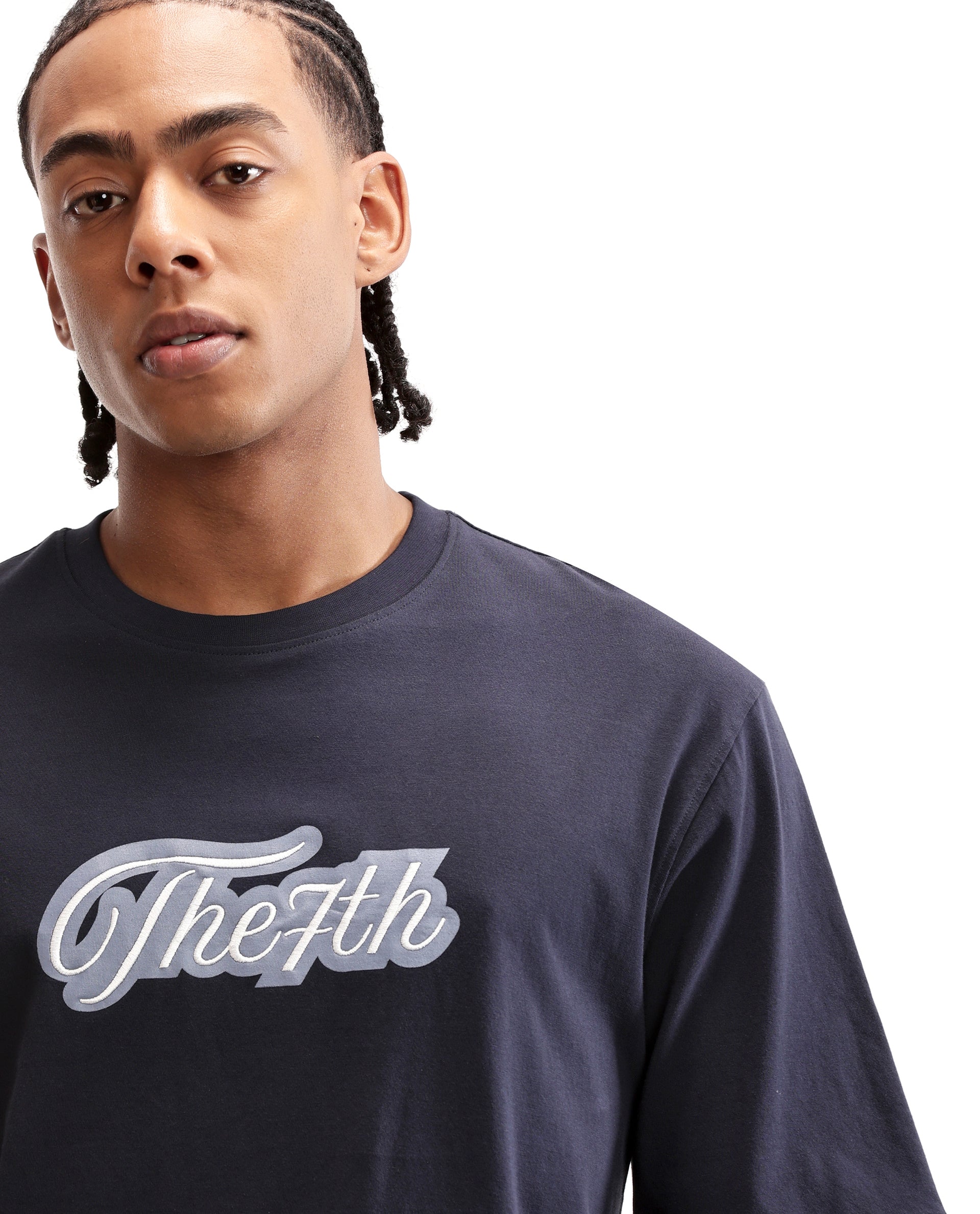 Midnight Navy Blue Single Jersey Crew Neck Oversized T-Shirt with Light Blue Print & Pure White 7C Embroidery