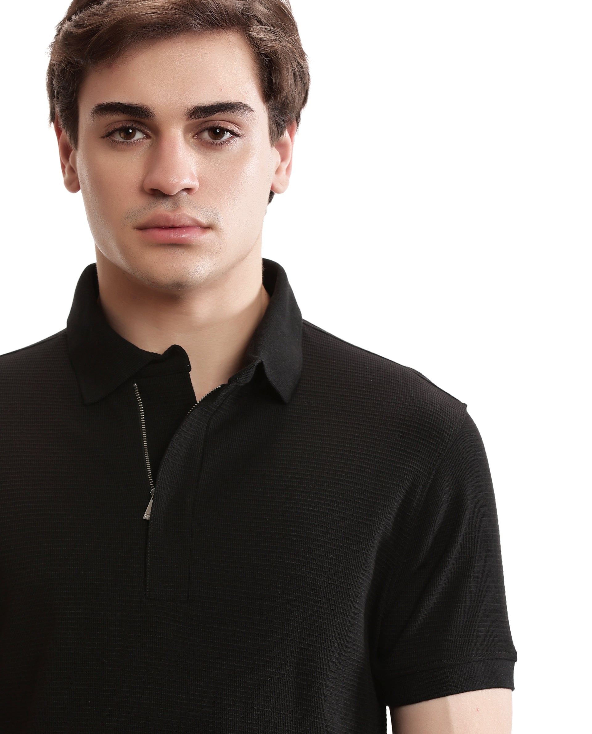 Charcoal Black Knitted Waffle Polo with 7C Metal Zip