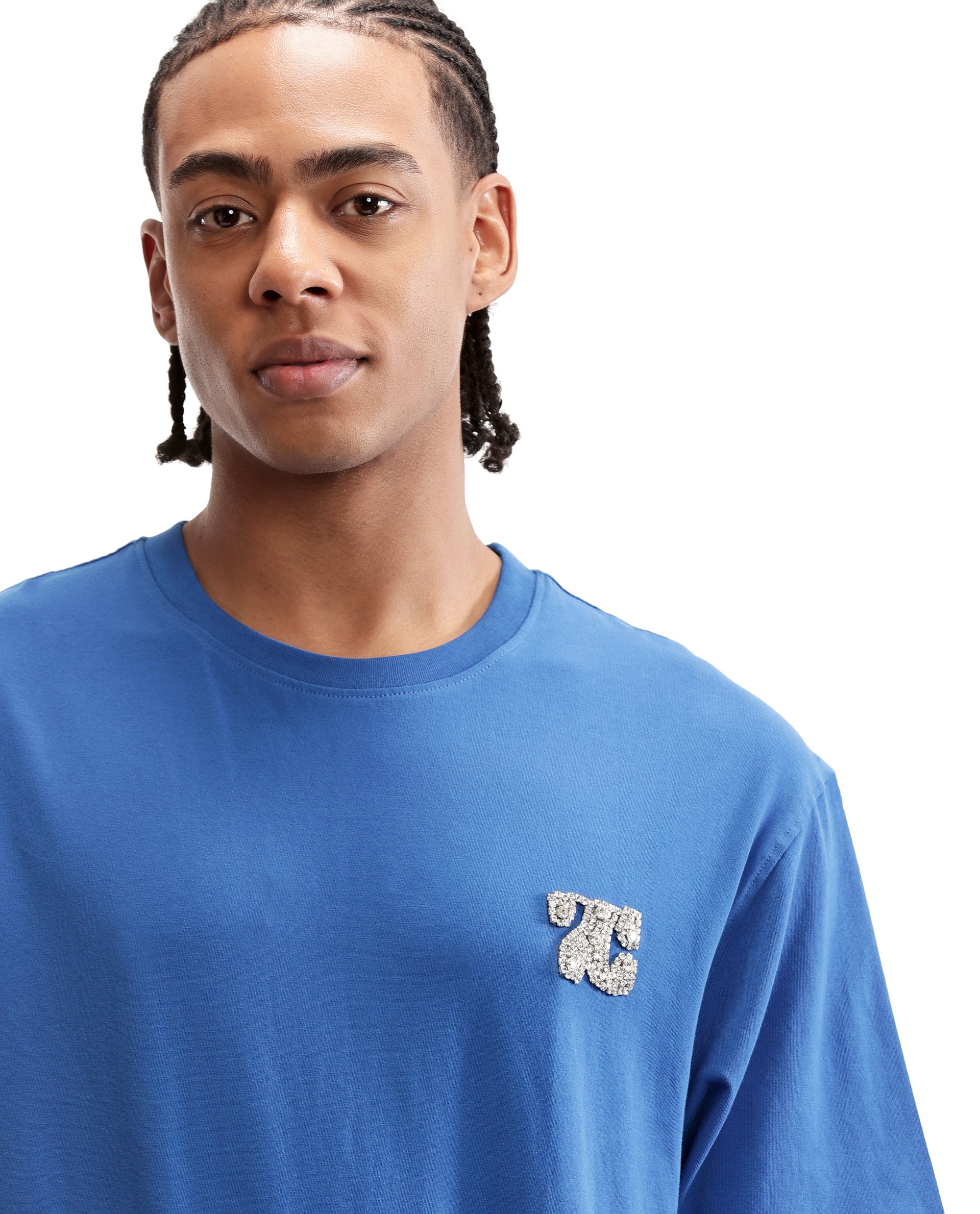 Imperial Prussian Blue Single Jersey Neck Oversized T-Shirt with Crystal Finish Rhinestones