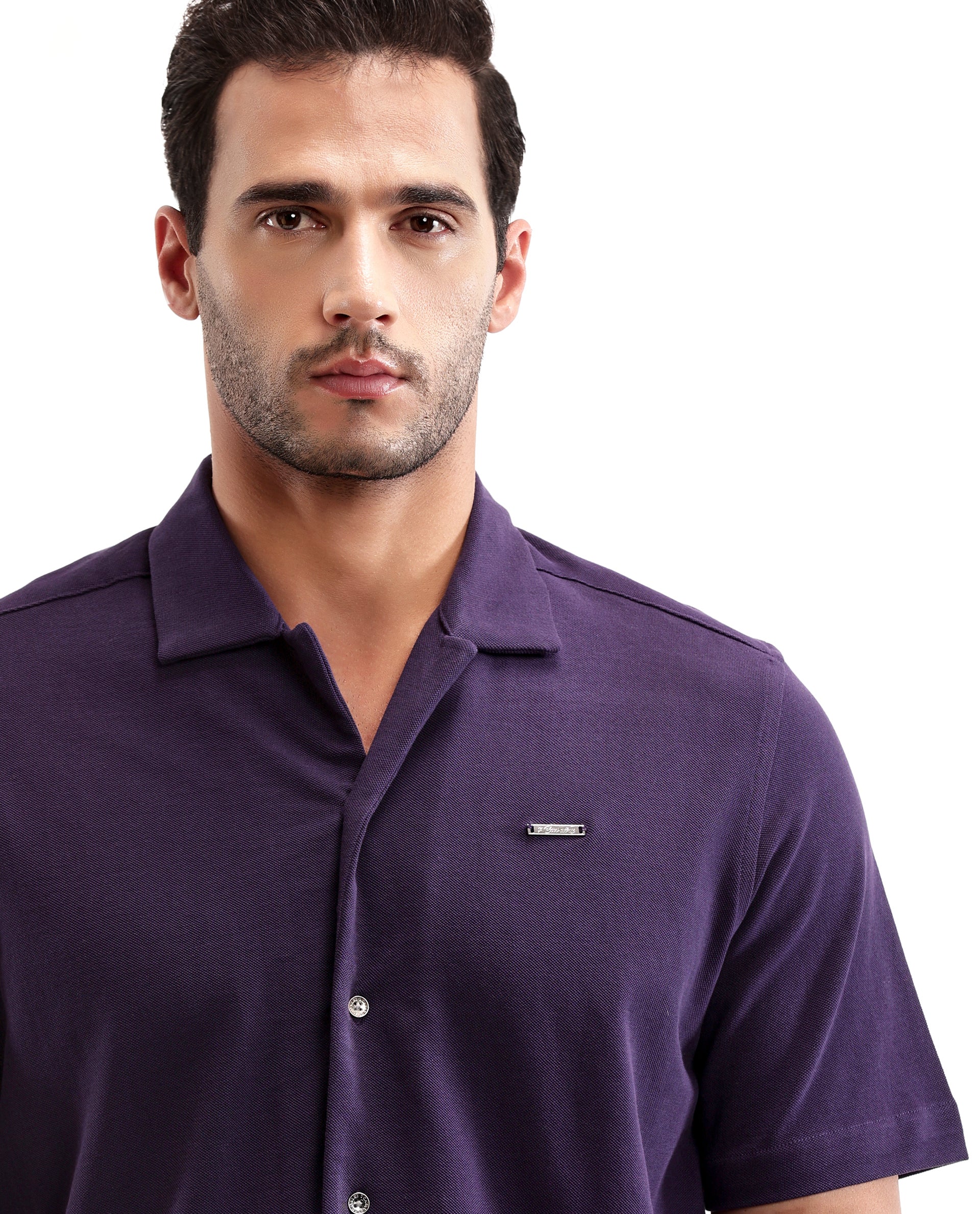 Deep Purple Pique Knit Shirt with 7C Metal Buttons, Gun Metal Badge