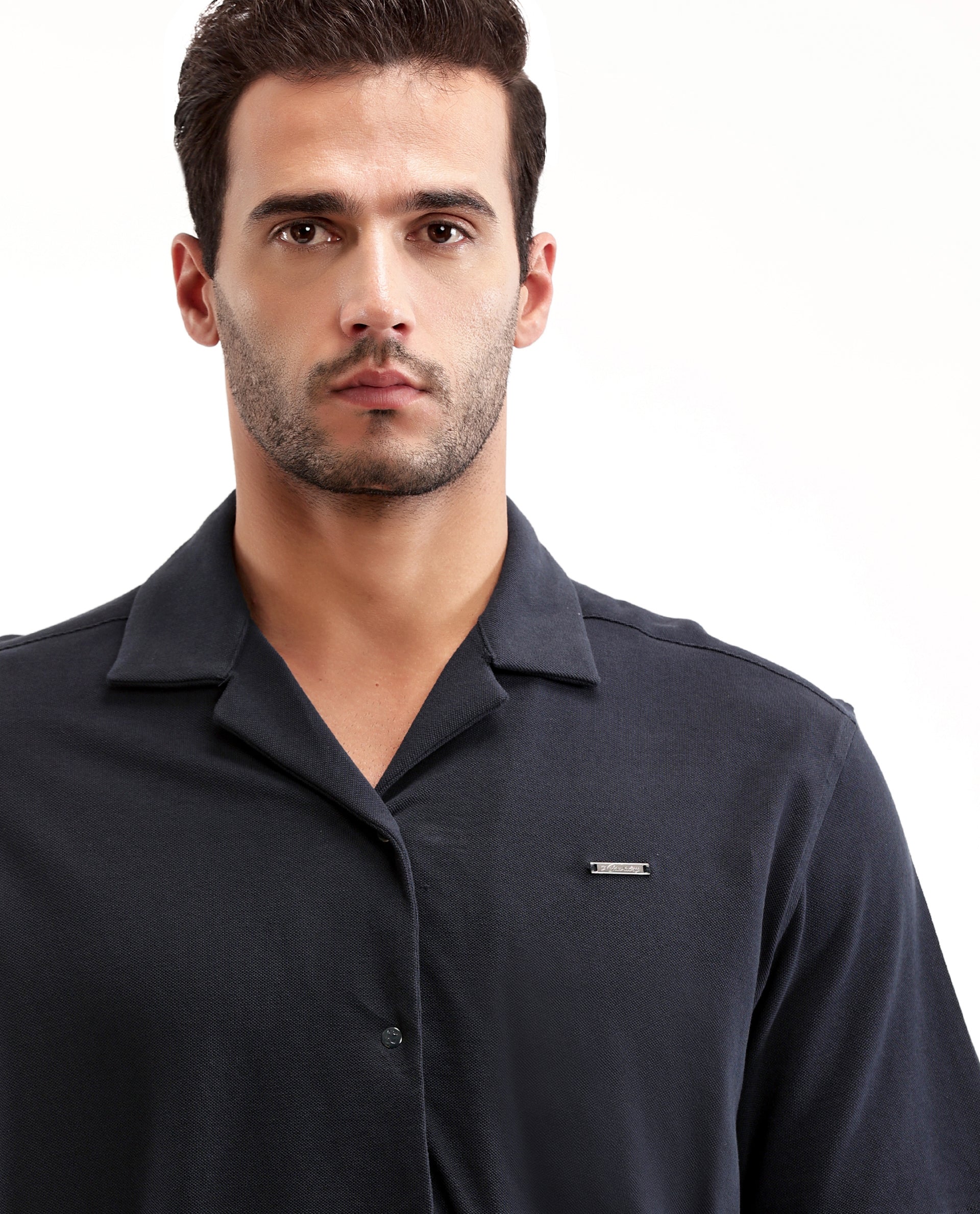 Midnight Navy Blue Pique Knit Shirt with 7C Engraved Snap Buttons, Gun Metal Badge