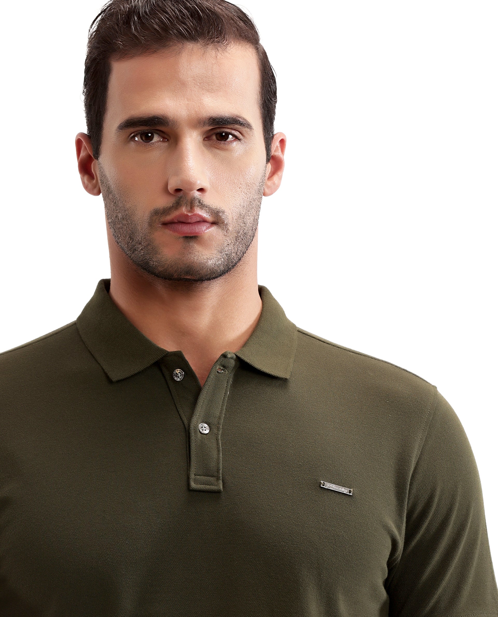 Vintage Olive Pique Polo with Metal Buttons, 7C Metal Badge