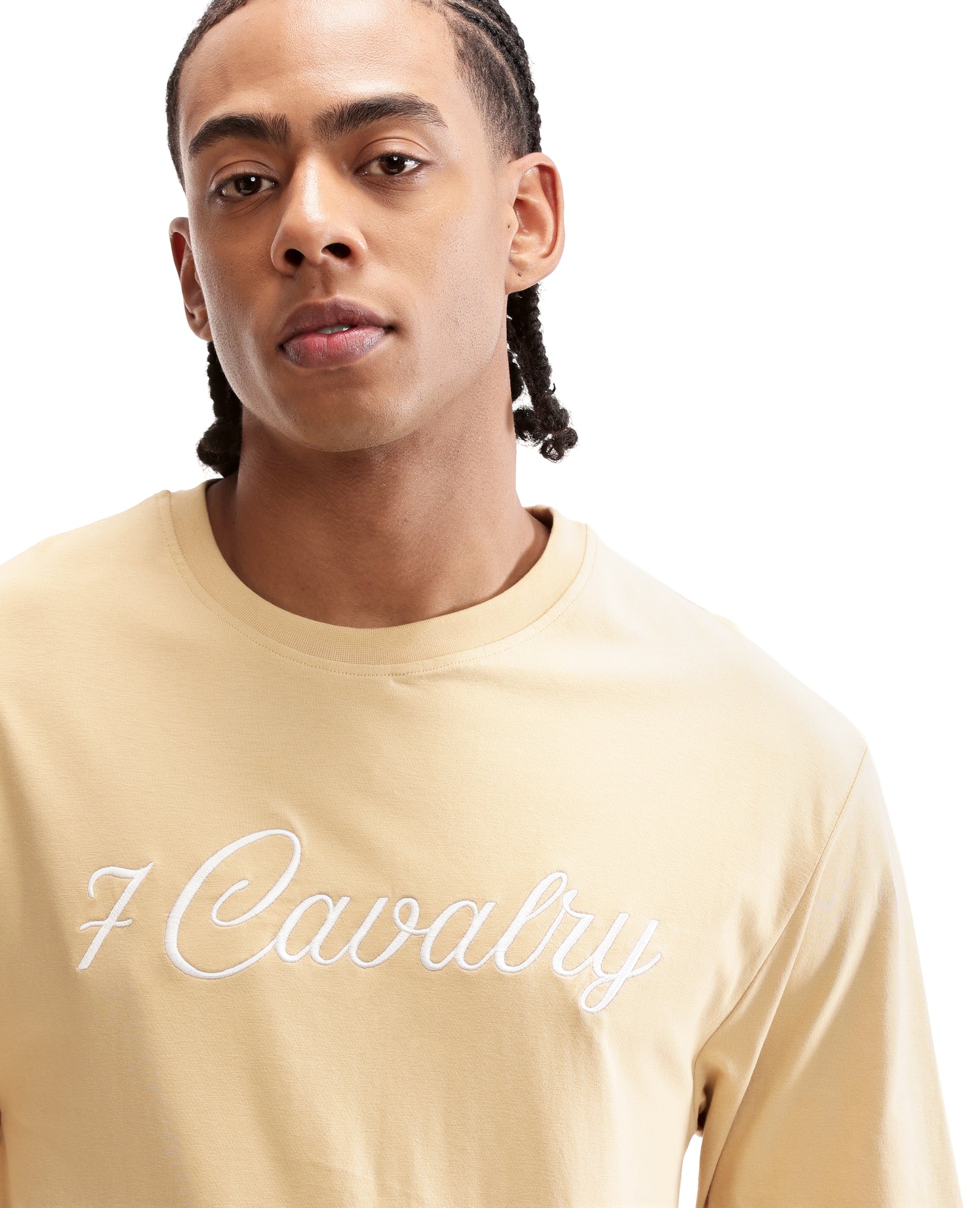 Camel Beige Single Jersey Crew Neck Oversized T-Shirt with Pure White Embroidery