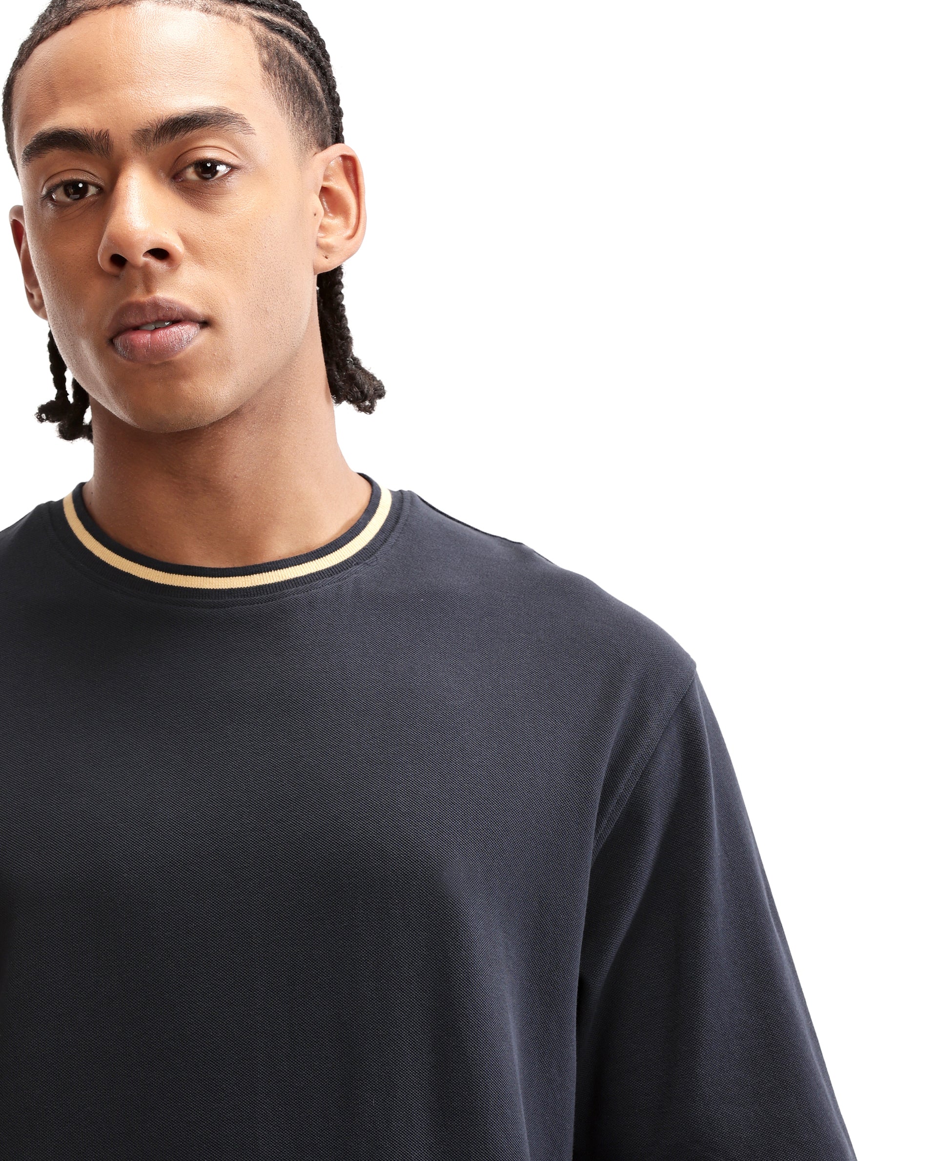 Midnight Navy Blue Pique Crew Neck Oversized T-Shirt with Camel Beige Piping