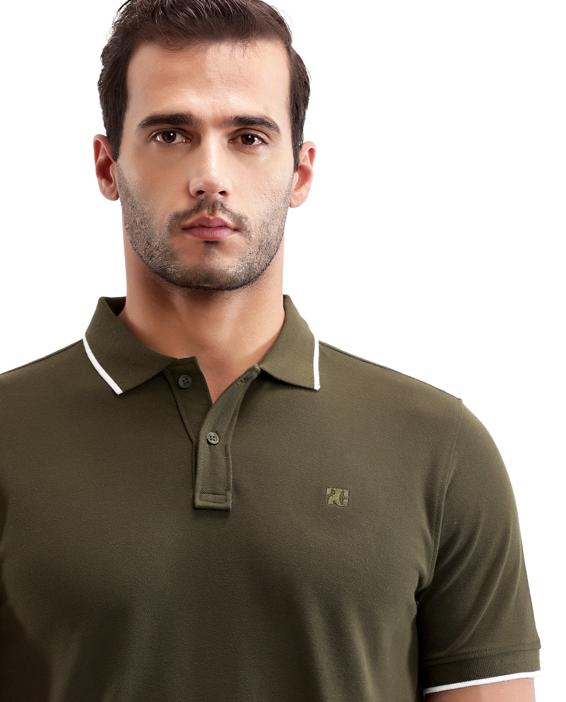 Vintage Olive Pique Polo with White Collar Piping, Tone-on-Tone 7C Embroidery