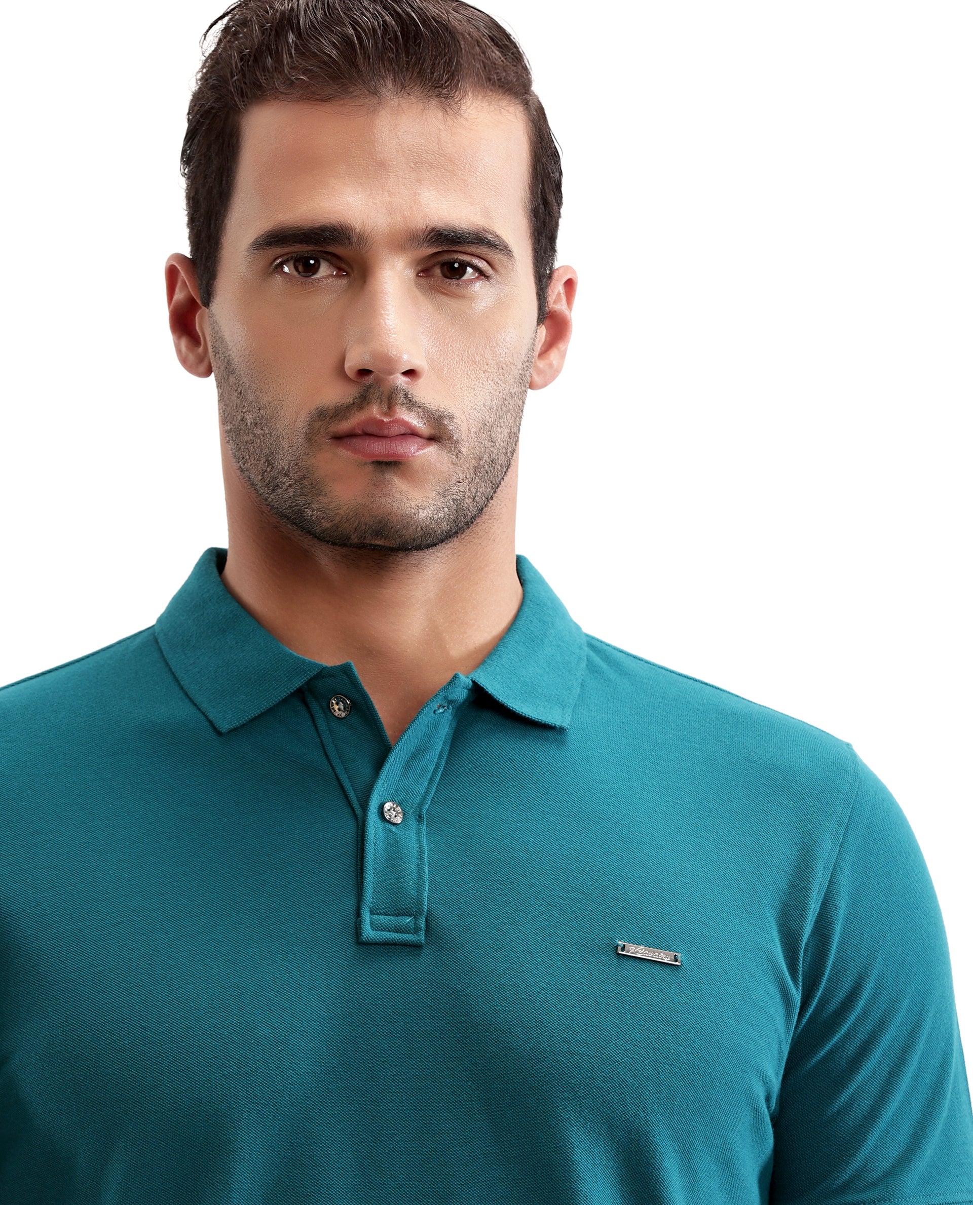Ocean Teal Pique Polo with Metal Buttons, 7C Metal Badge