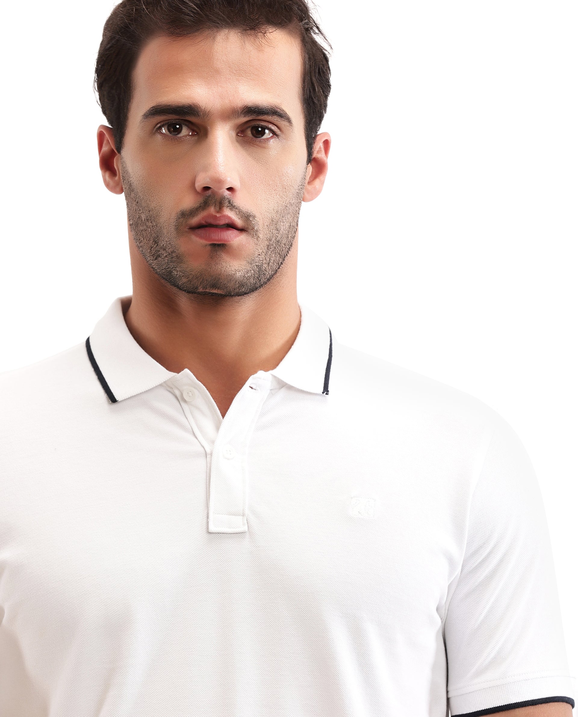 Pure White Pique Polo with Midnight Navy Blue Collar Piping, Tone-on-Tone 7C Embroidery