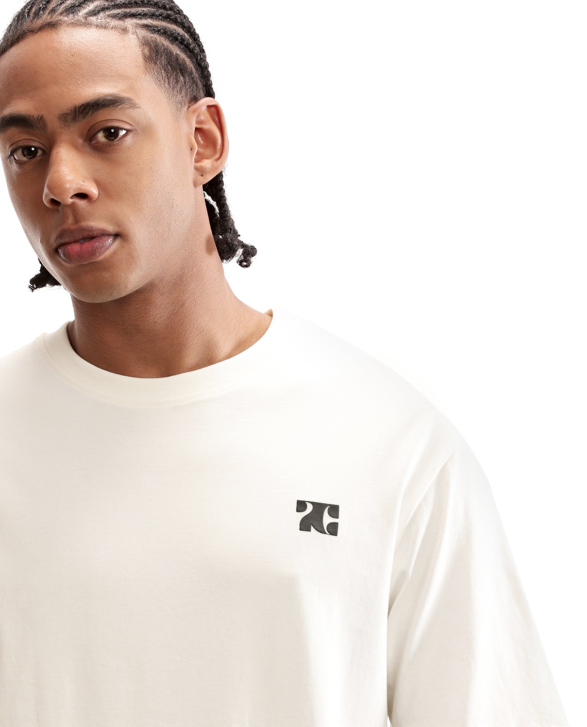 Ivory White Single Jersey Crew Neck Oversized T-Shirt with Charcoal Black HD Print