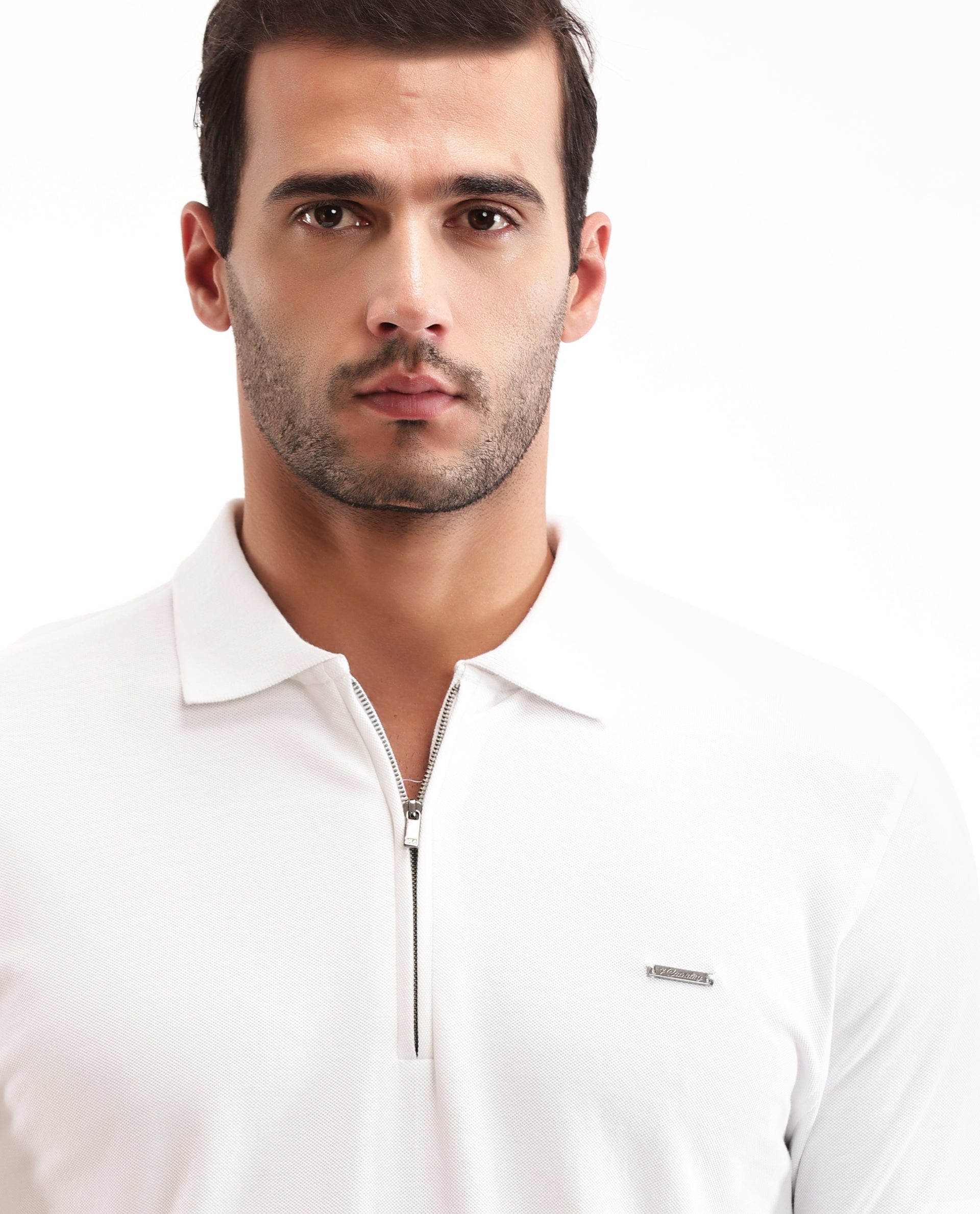 Pure White Pique Polo with 7C Metal Zip, Metal Badge