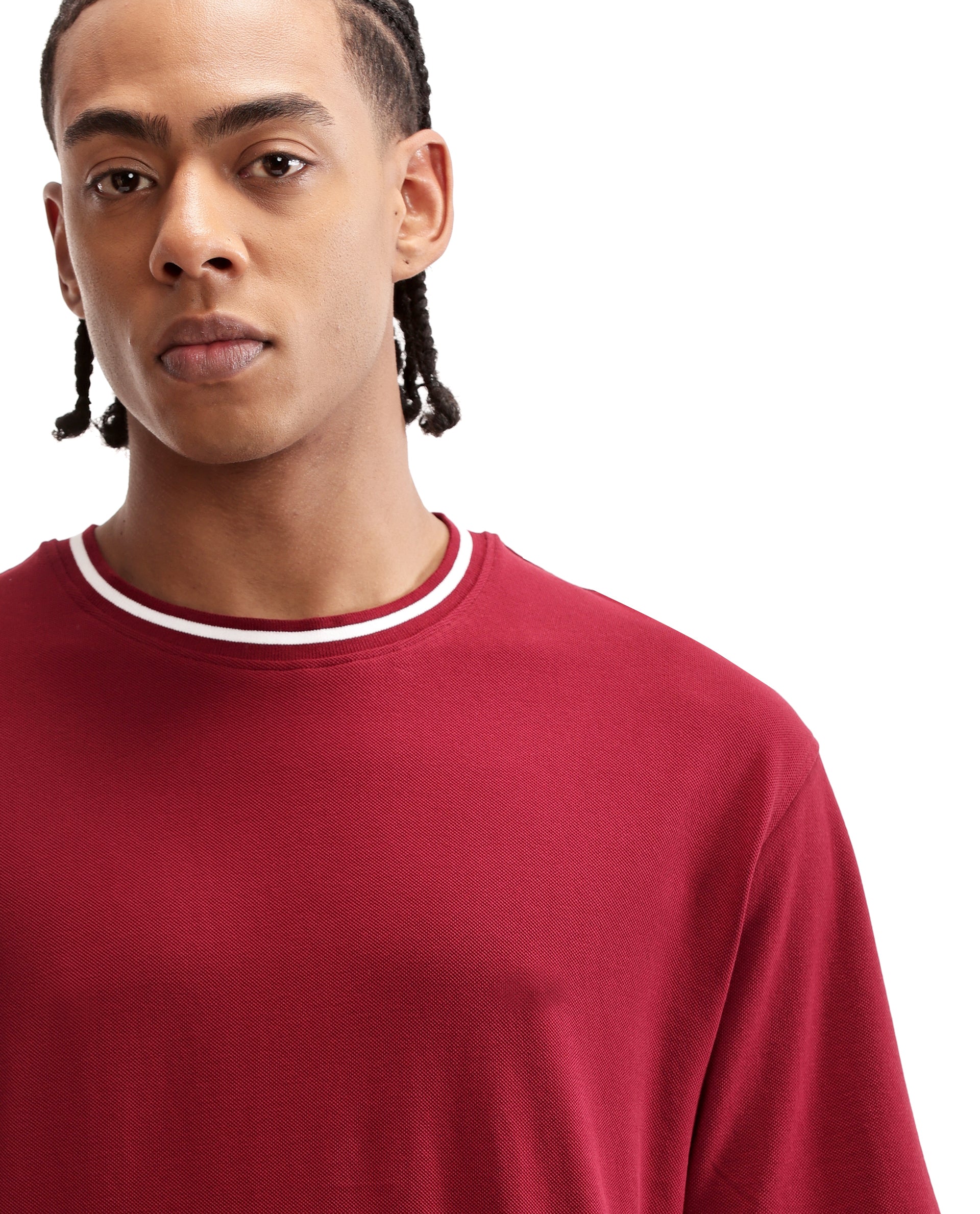 Bordeaux Maroon Pique Crew Neck Oversized T-Shirt with Pure White Piping