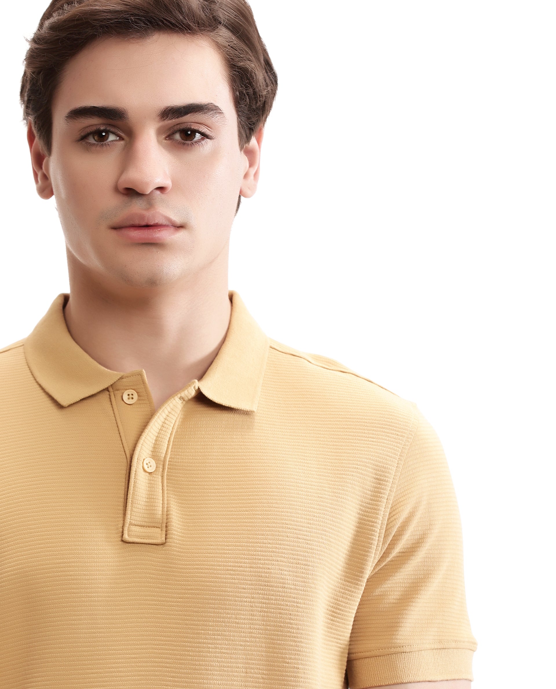 Camel Beige Knitted Ottoman Polo with Ribbed Collar