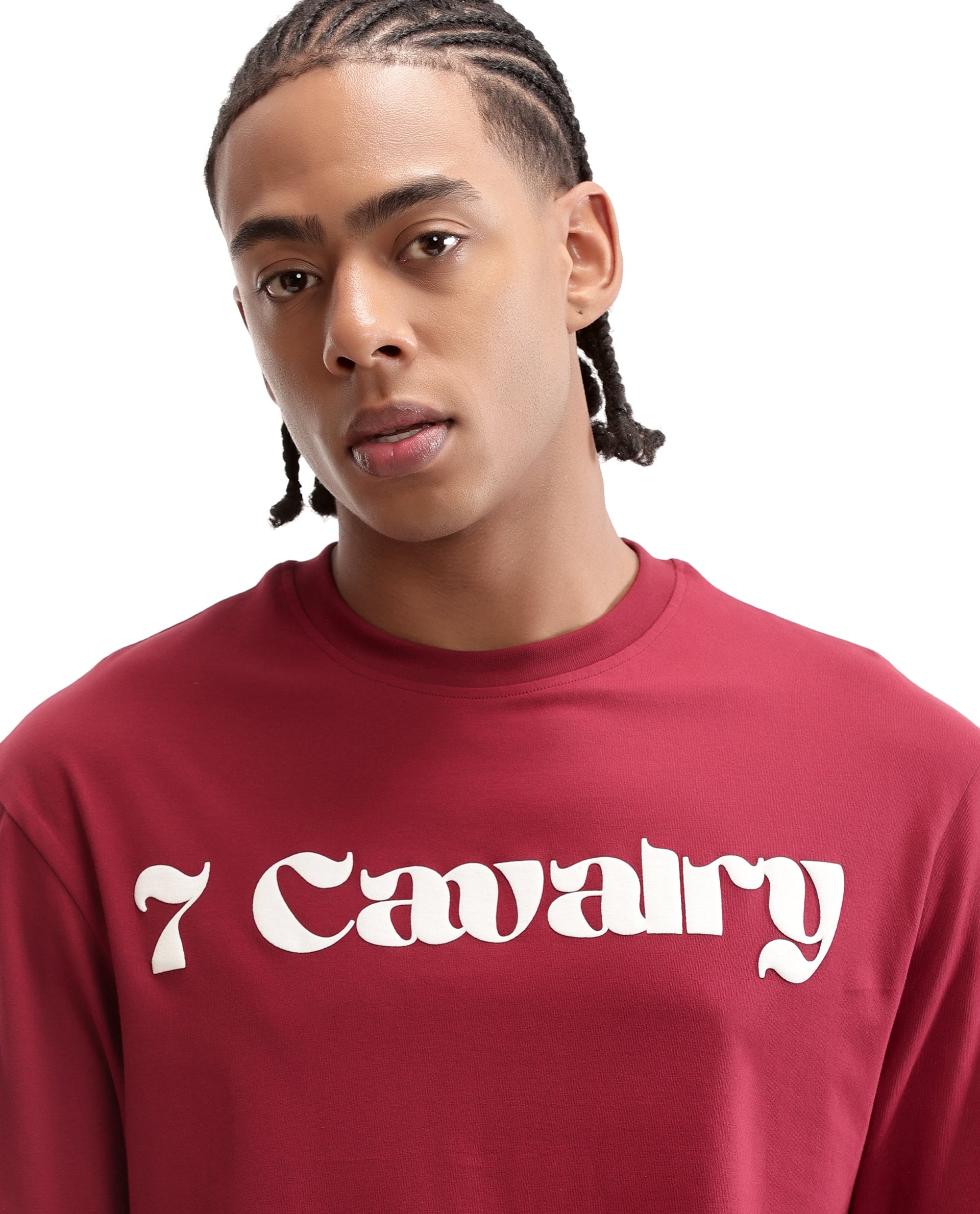 Bordeaux Maroon Single Jersey Crew Neck Oversized T-Shirt with Pure White Puff Print