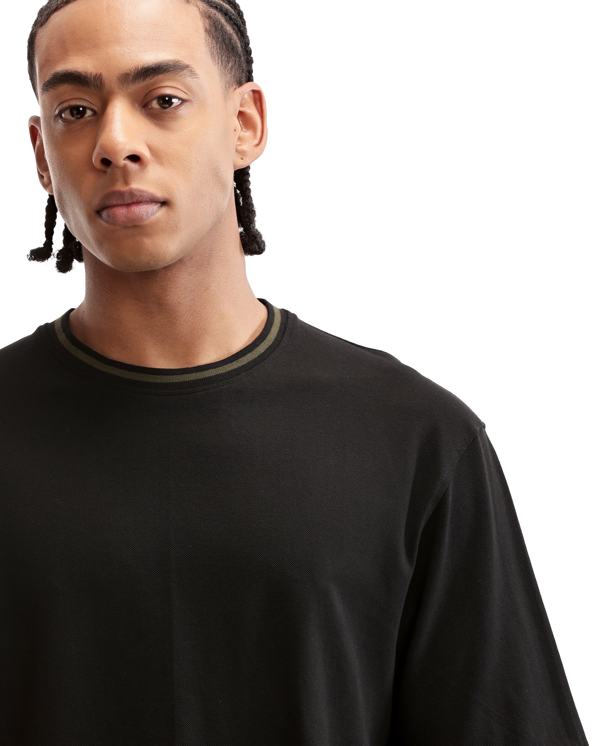 Charcoal Black Pique Crew Neck Oversized T-Shirt with Vintage Olive Piping