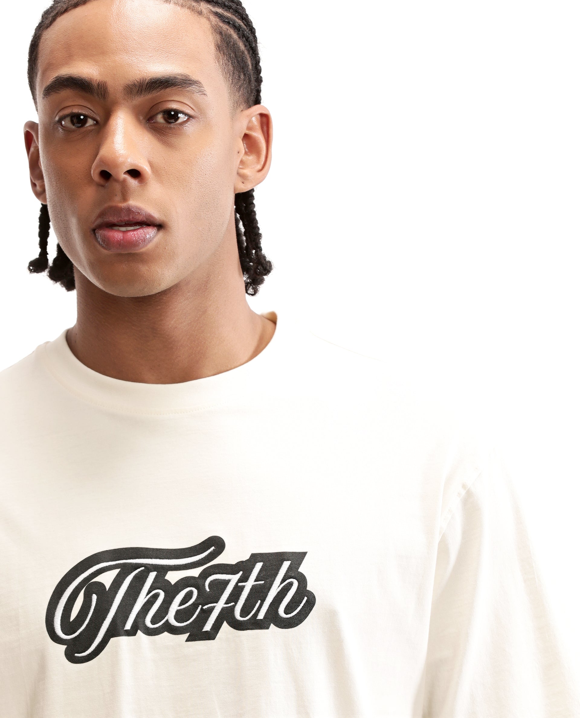Ivory White Single Jersey Crew Neck Oversized T-Shirt with Black Print & Pure White 7C Embroidery
