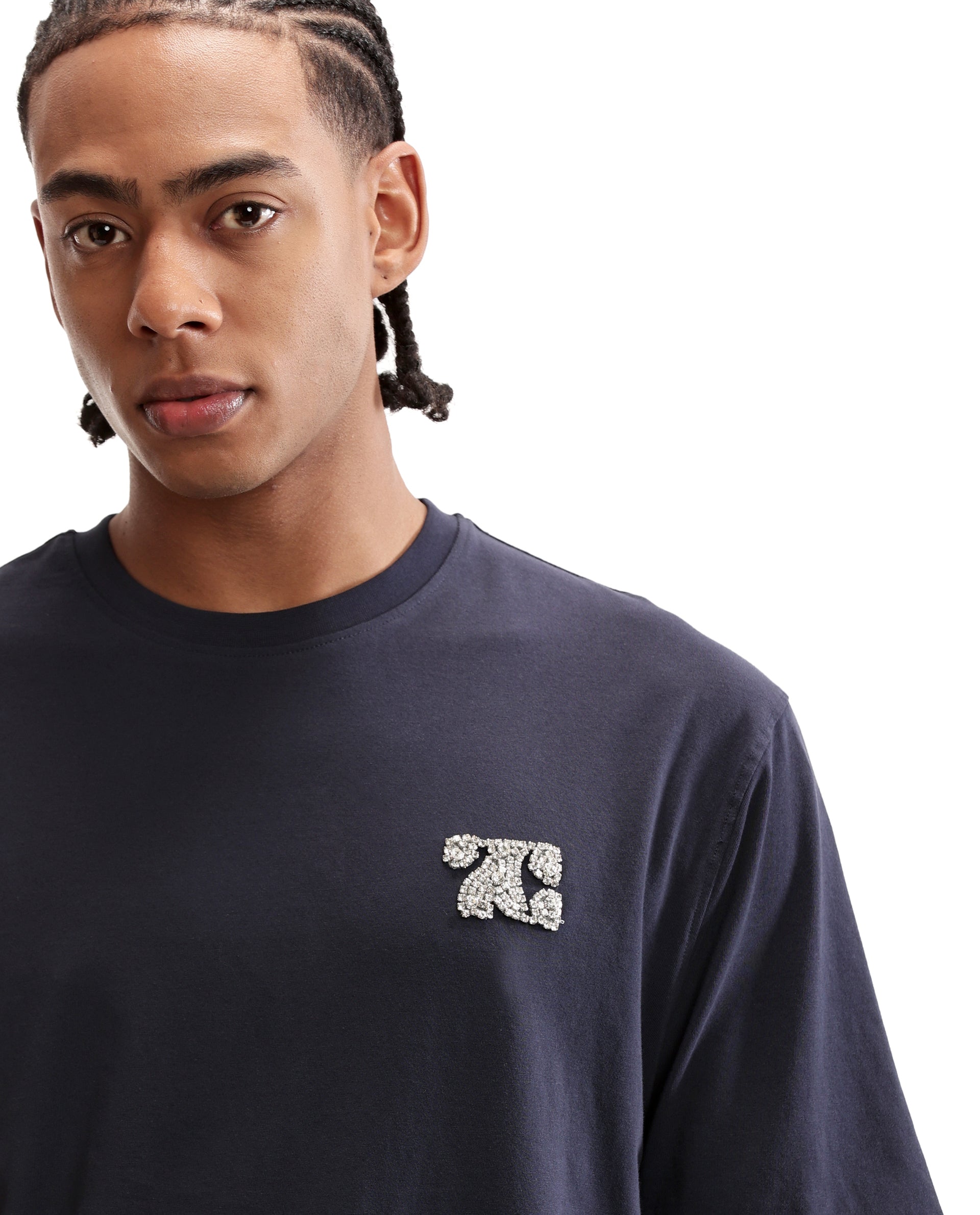 Midnight Navy Blue Single Jersey Crew Neck Oversized T-Shirt with Crystal Finish Rhinestones