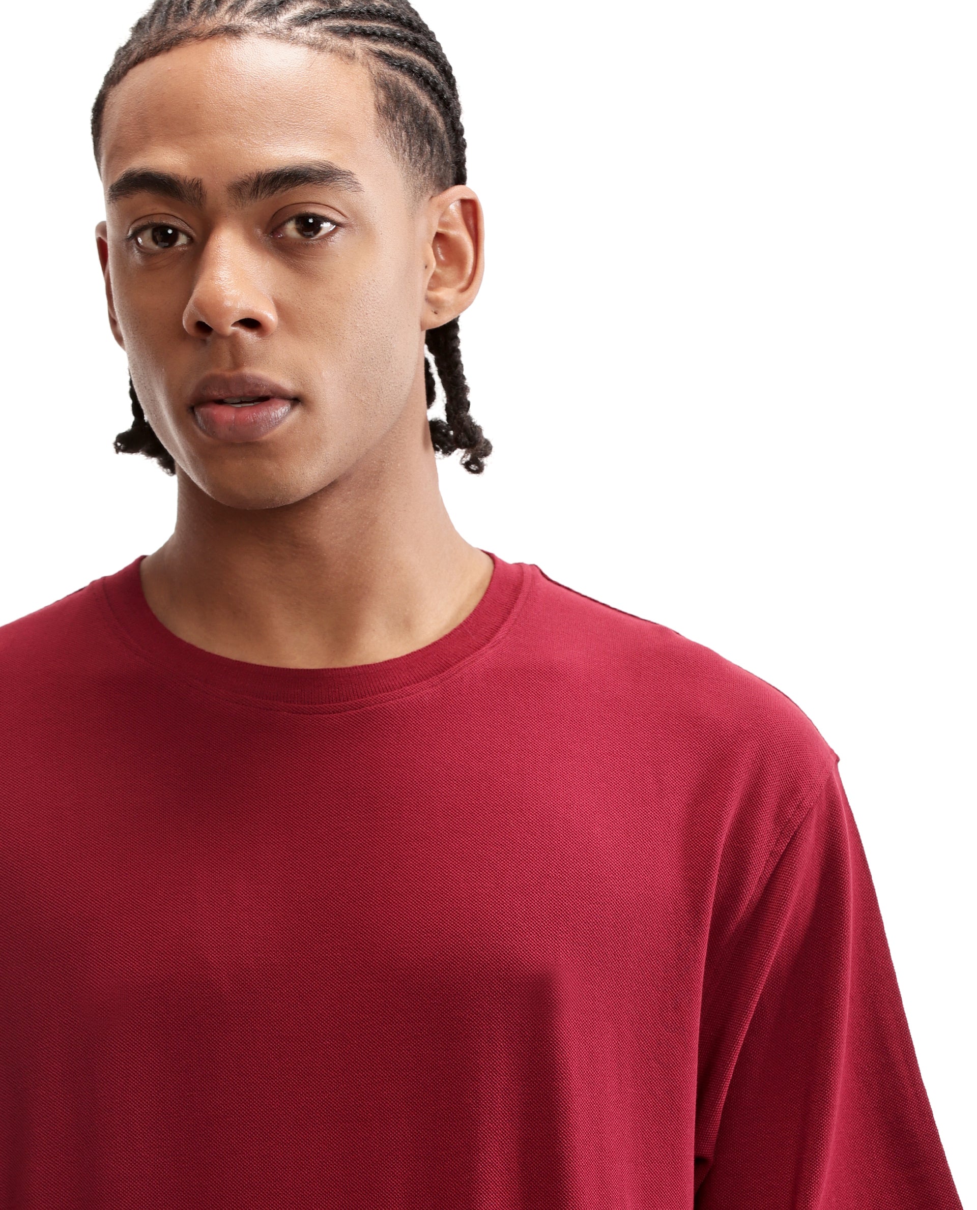 Bordeaux Maroon Pique Crew Neck Oversized T-Shirt