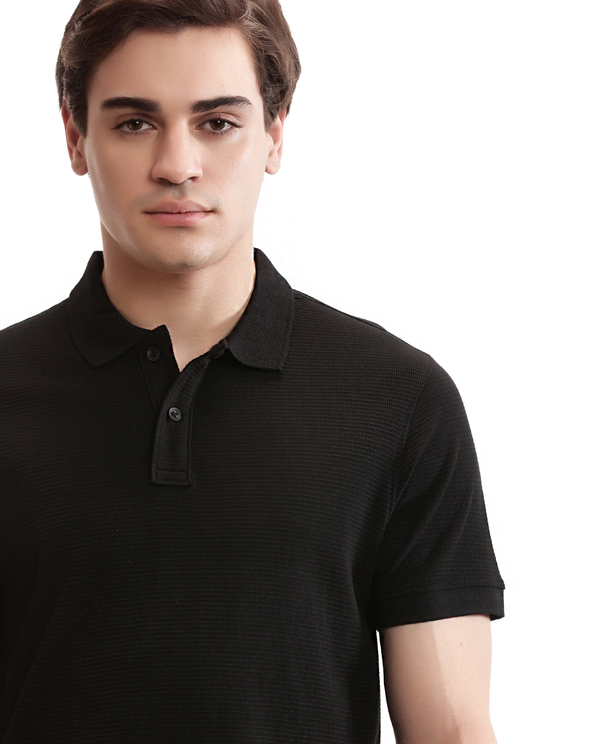 Charcoal Black Knitted Waffle Polo with Ribbed Collar