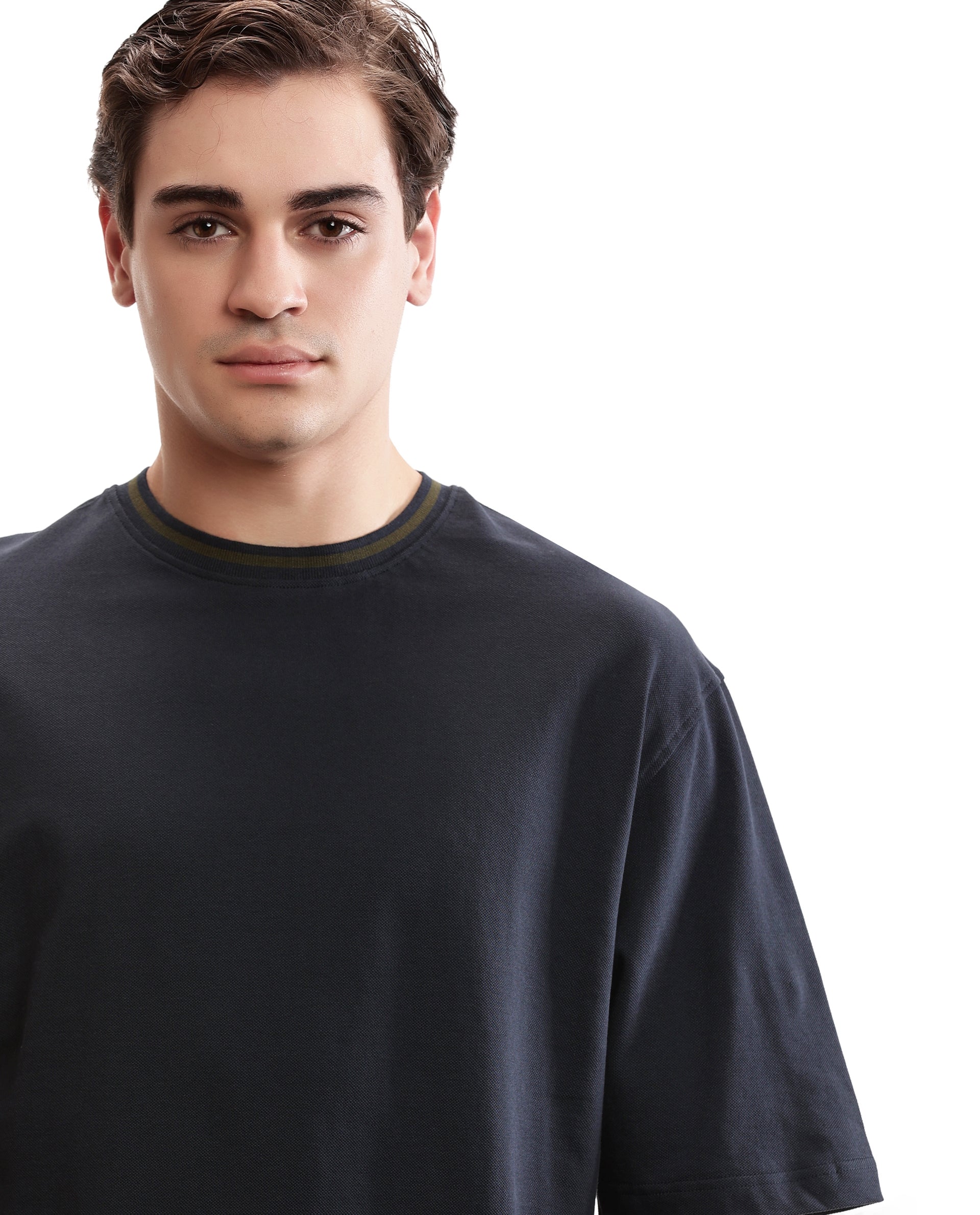 Midnight Navy Blue Pique Crew Neck Oversized T-Shirt with Vintage Olive Piping