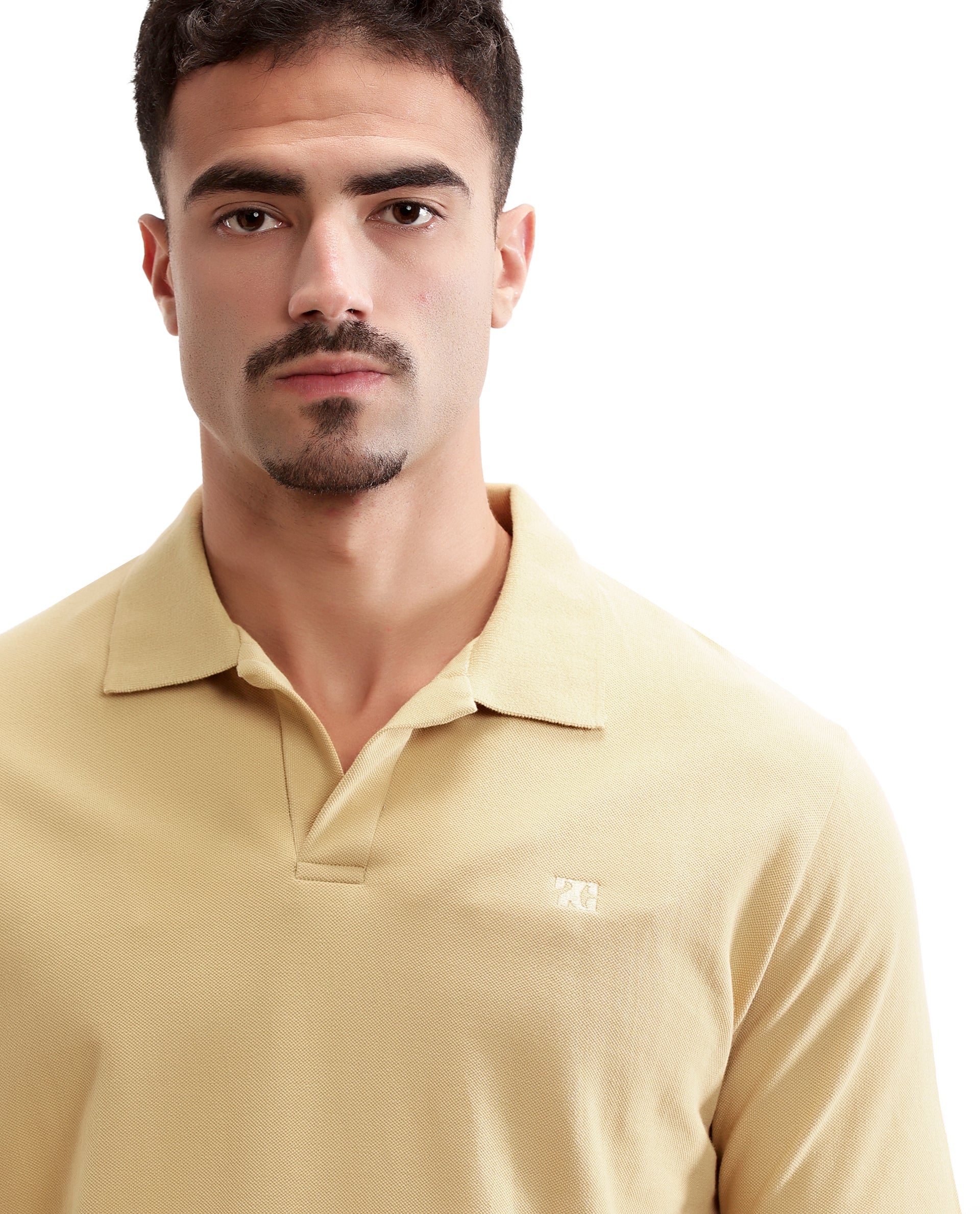 Camel Beige Johnny Collar Pique Polo with Tone-on-Tone 7C Embroidery